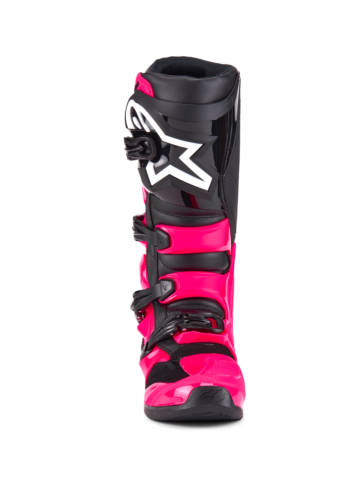 Alpinestars Tech 7 Boots, buty motocrossowe, kolor Diva Pink Black, widok z przodu, jaskraworóżowa skorupa TPU i paski, czarny ochraniacz goleni z dużym białym logo gwiazdy Alpinestars, solidne czarne klamry