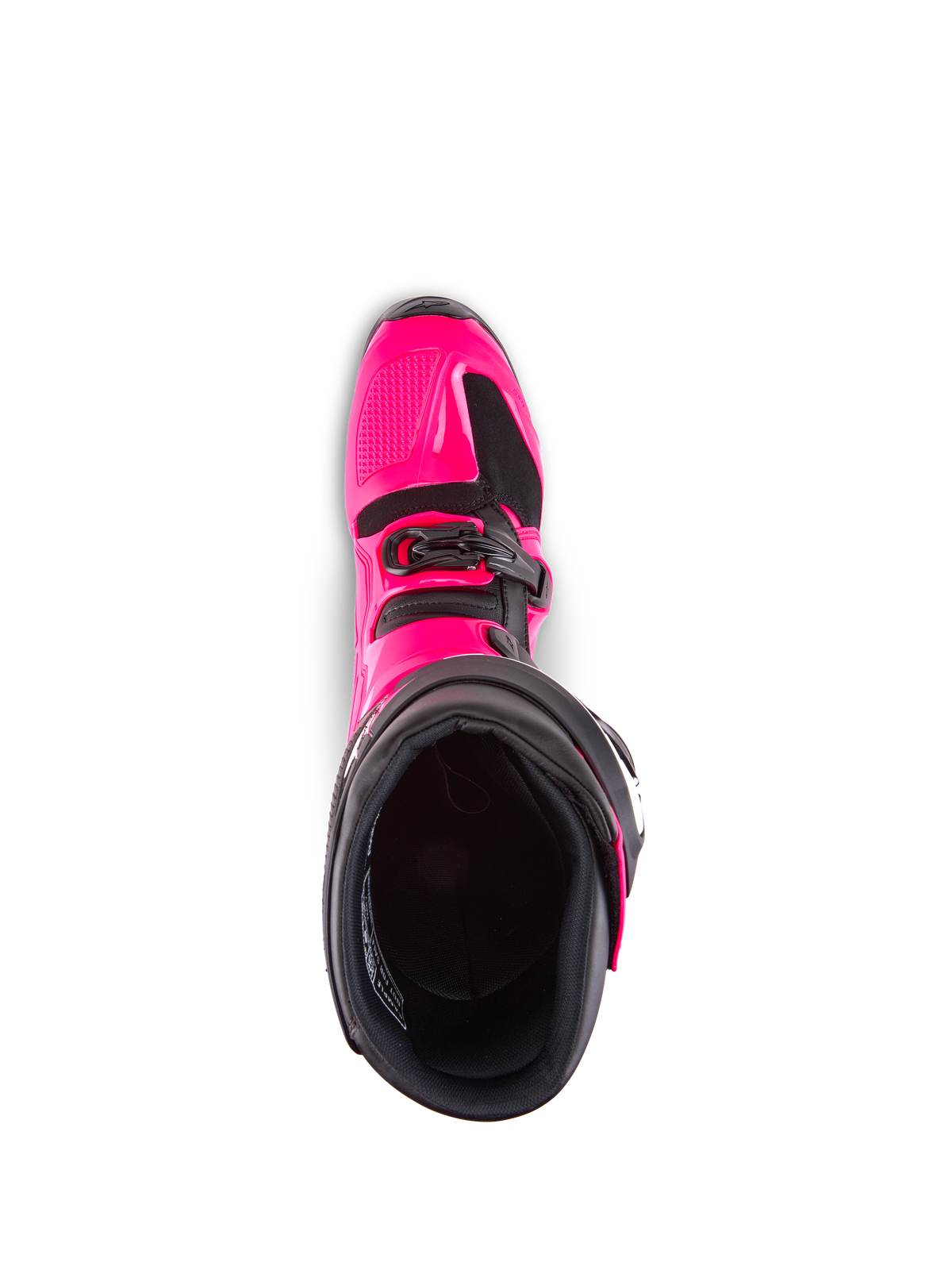 Buty Alpinestars Tech 7, buty motocrossowe, kolor Diva Pink i czarny, widok z góry na wnętrze i wyściółkę, pokazujący różową zewnętrzną skorupę TPU i detale klamry, zaprojektowane z myślą o wydajności w terenie