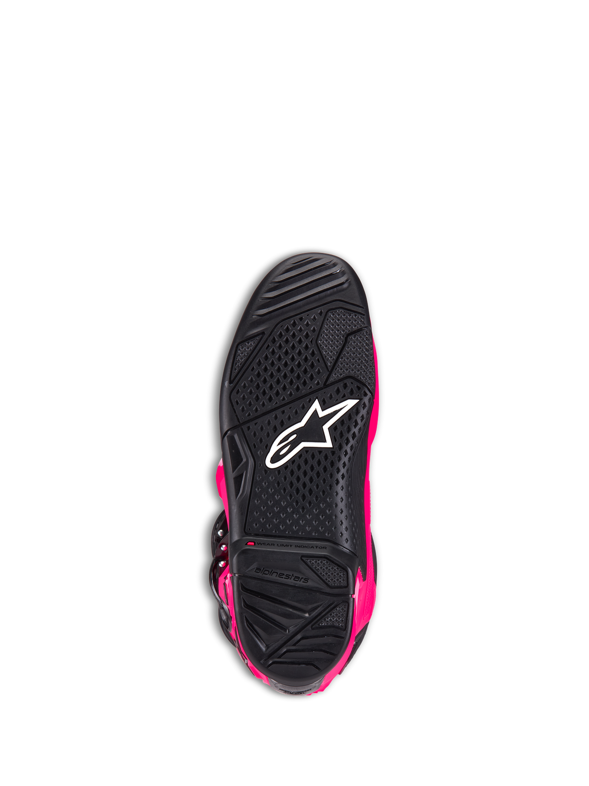 Alpinestars Tech 7 Boots, buty motocrossowe, Diva Pink i czarne, widok z dołu na podeszwę zewnętrzną przedstawiający czarną teksturowaną gumową podeszwę, białe logo Alpinestars i wskaźnik zużycia, wysokiej klasy obuwie terenowe