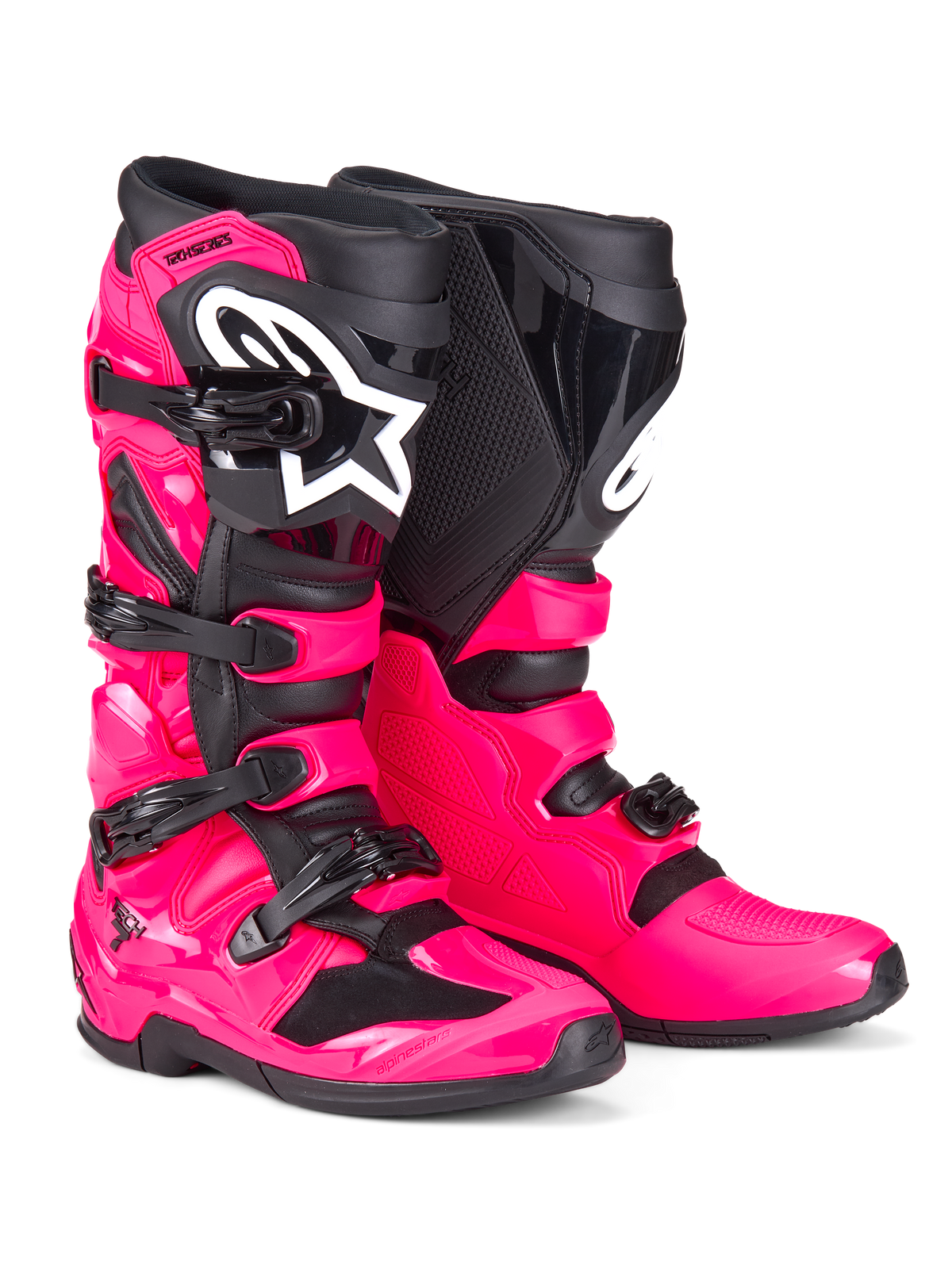 Buty Alpinestars Tech 7, buty motocrossowe, różowo-czarne (Diva Pink Black), wytrzymała skorupa TPU, system zapięcia na cztery klamry, wyraźne białe logo Alpinestars, profesjonalne obuwie terenowe