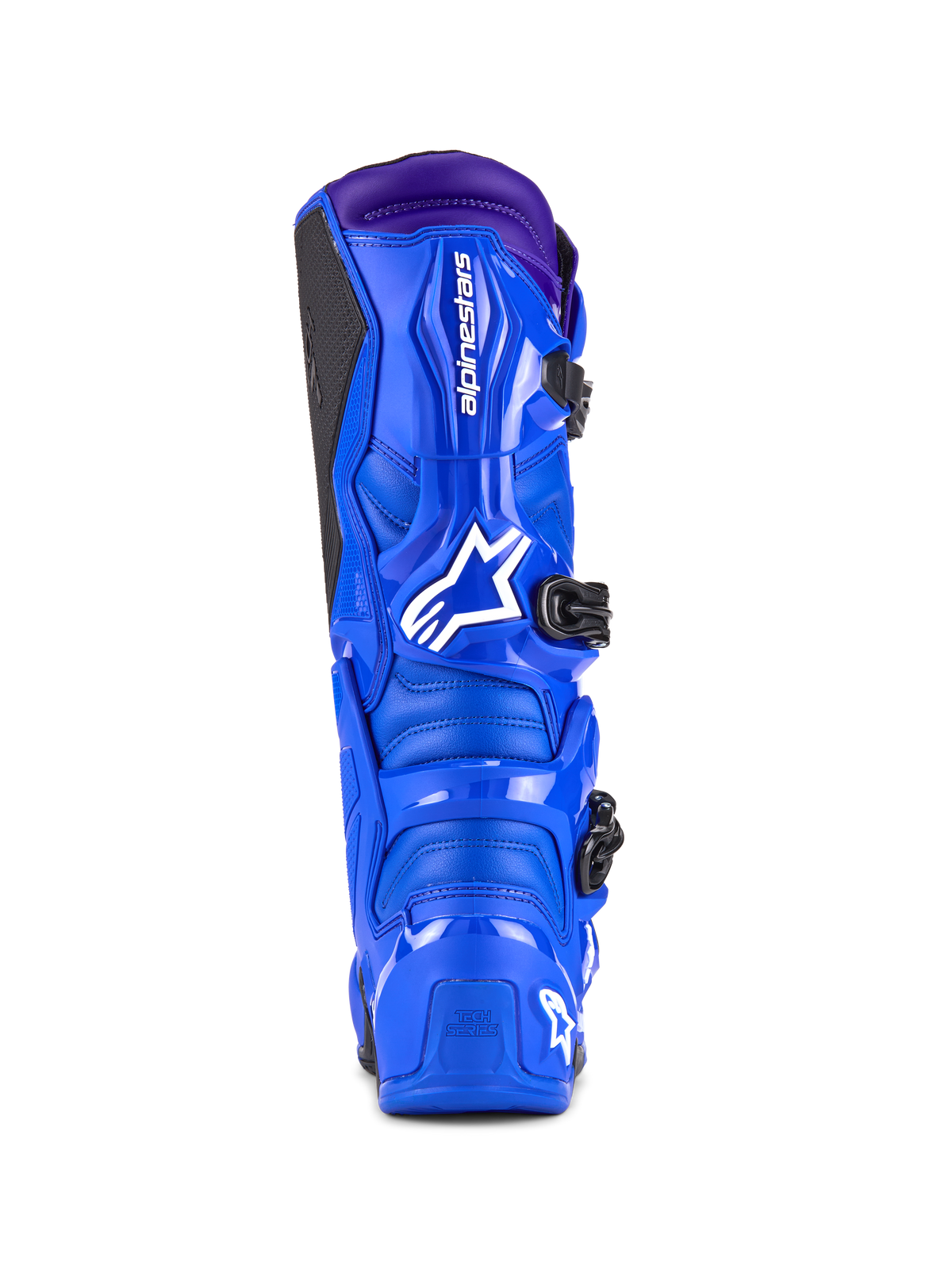 Buty Alpinestars Tech 7, buty motocrossowe, niebieskie z fioletowymi akcentami, widok z tyłu przedstawiający ochronę TPU, białe logo Alpinestars na pięcie i czarny boczny panel przyczepny, wysokiej klasy obuwie terenowe