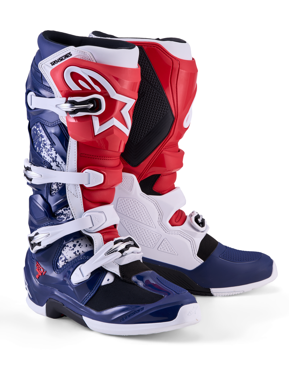 Alpinestars Tech 7 Unity, buty motocyklowe do motocrossu, czerwone, białe i niebieskie, edycja limitowana, ochrona TPU i zapięcia na klamry