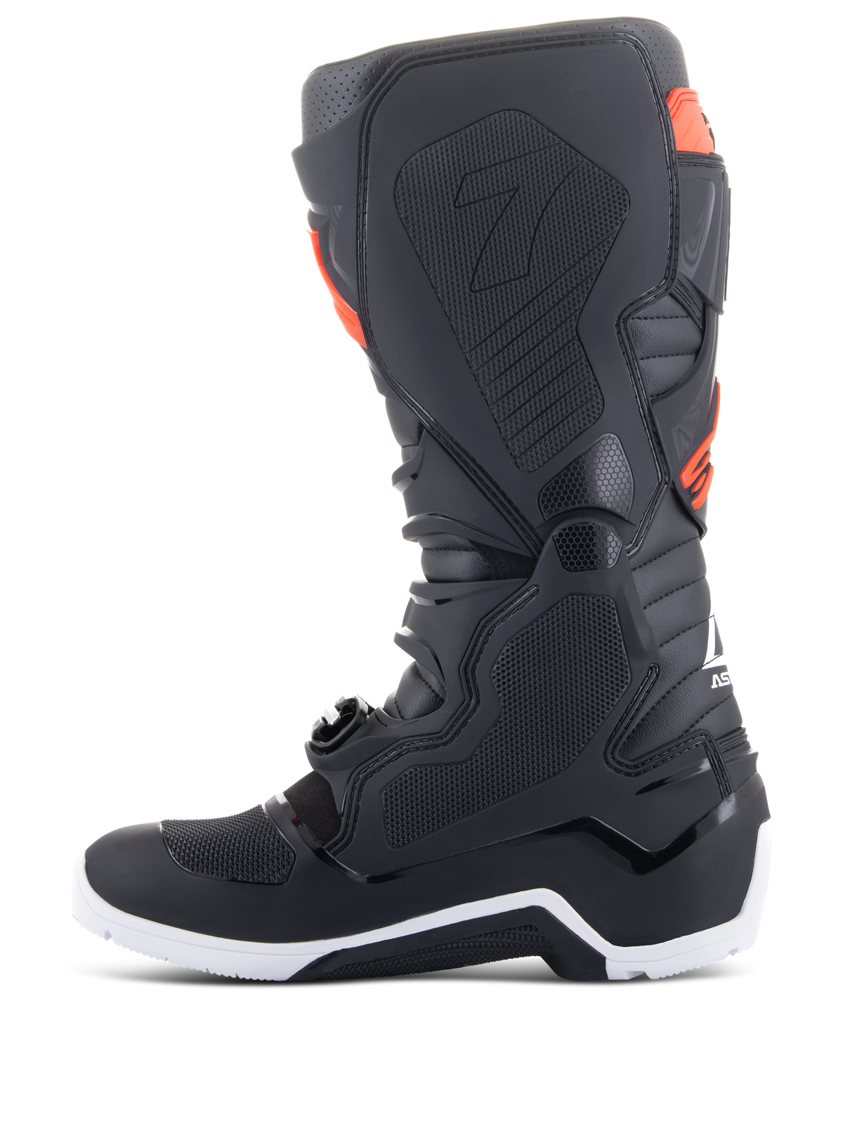 Buty Alpinestars Tech 7 Enduro, czarno-czerwone fluo, profil wewnętrzny z panelami o strukturze plastra miodu i białą podeszwą, wysokiej klasy buty motocyklowe off-road