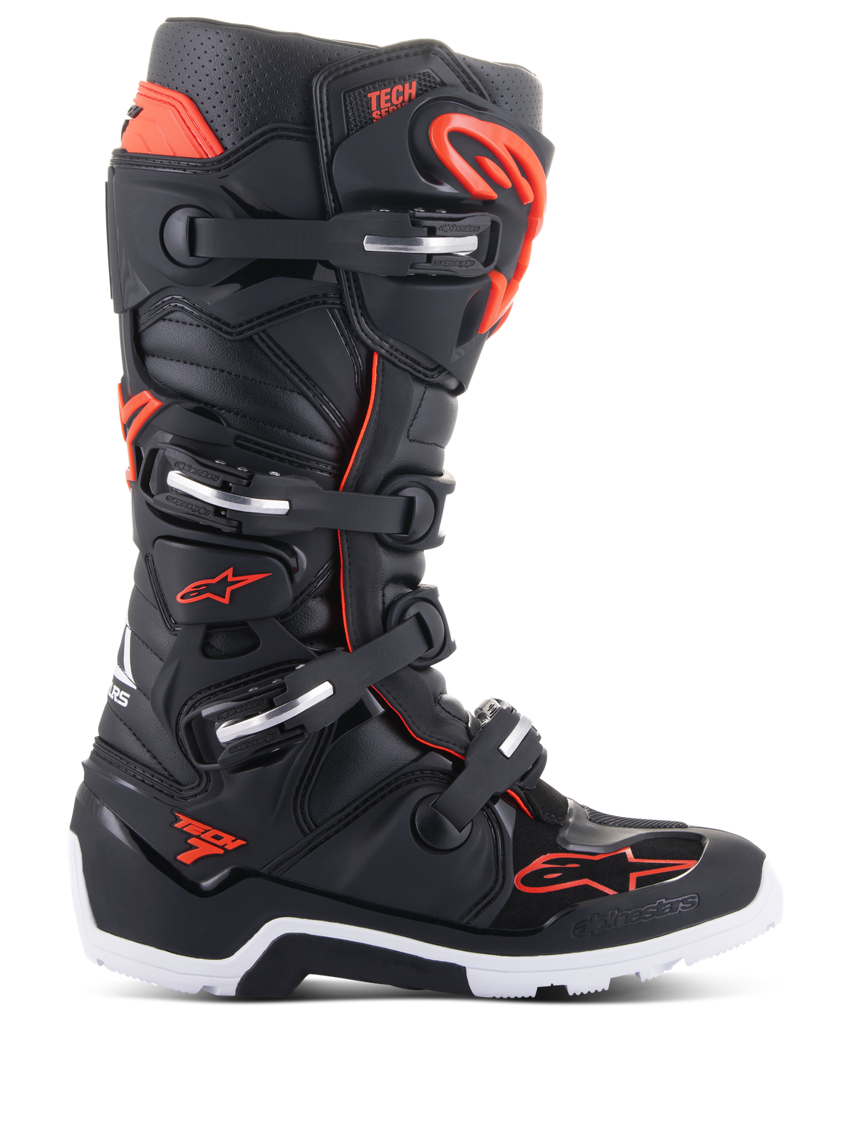 Alpinestars Tech 7 Enduro Boots, buty motocyklowe off-road, czarno-czerwone fluorescencyjne, system zamykania na cztery klamry ze srebrnymi akcentami, biało-czarna wytrzymała podeszwa, logo Alpinestars na palcach i z boku, profesjonalna ochrona do jazdy enduro i trailowej