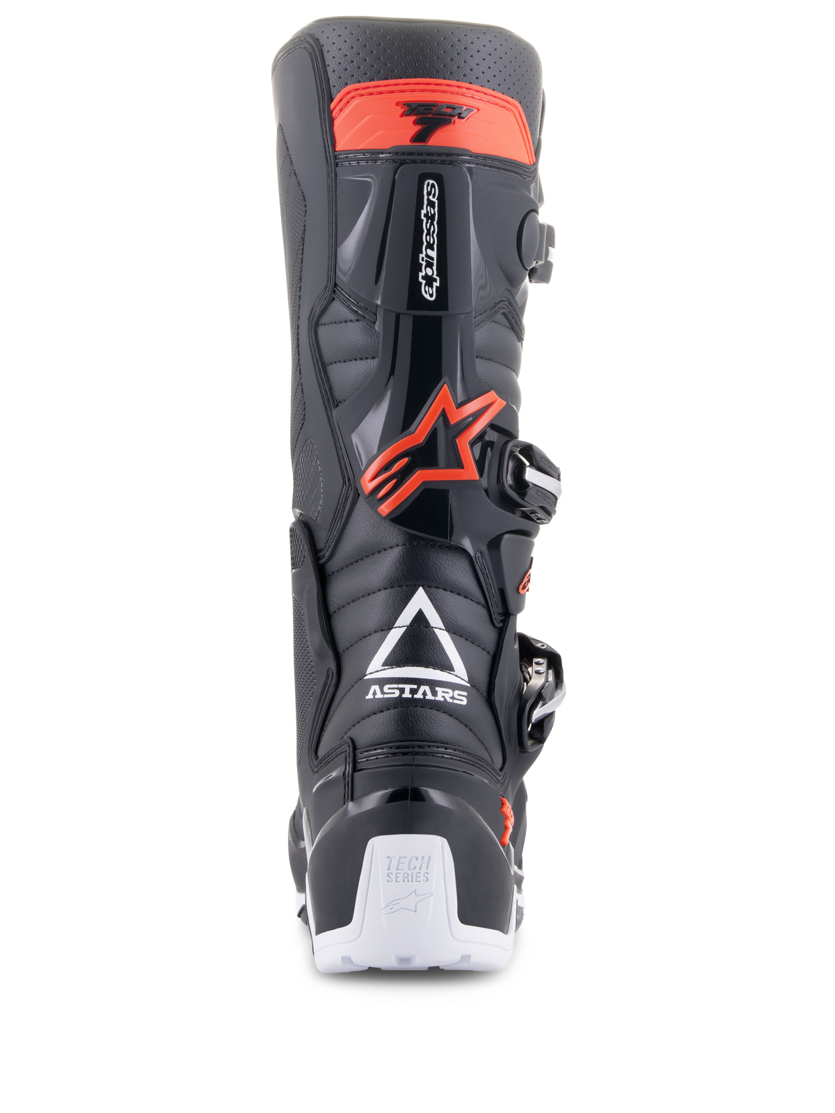 Buty Alpinestars Tech 7 Enduro, czarno-czerwone fluo, widok z tyłu z białym logo ASTARS, czerwoną ochroną łydki z TPU i białymi detalami na pięcie, wytrzymałe obuwie motocyklowe off-road