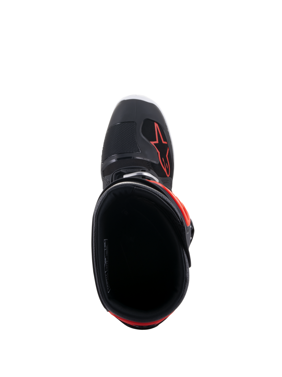 Buty Alpinestars Tech 7 Enduro, czarno-czerwone fluo, widok z góry na otwór buta, czarna wyściółka wewnętrzna i czerwone logo gwiazdy na przodzie