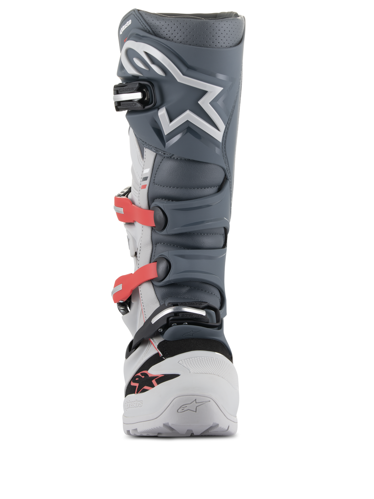 Alpinestars Tech 7 Enduro Boots, Motocross and Enduro Boots, Light Gray, Dark Gray and Bright Red, front view featuring an advanced buckle system with red straps, dark gray TPU shin plate with white star logo, and a durable light gray chassis.