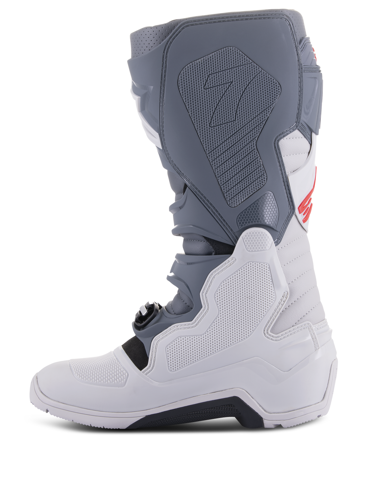 Alpinestars Tech 7 Enduro Boots, Light Gray, Dark Gray, and Bright Red, side profile view, featuring protective TPU panels, innovative buckle closure system, and rugged compound sole for off-road performance