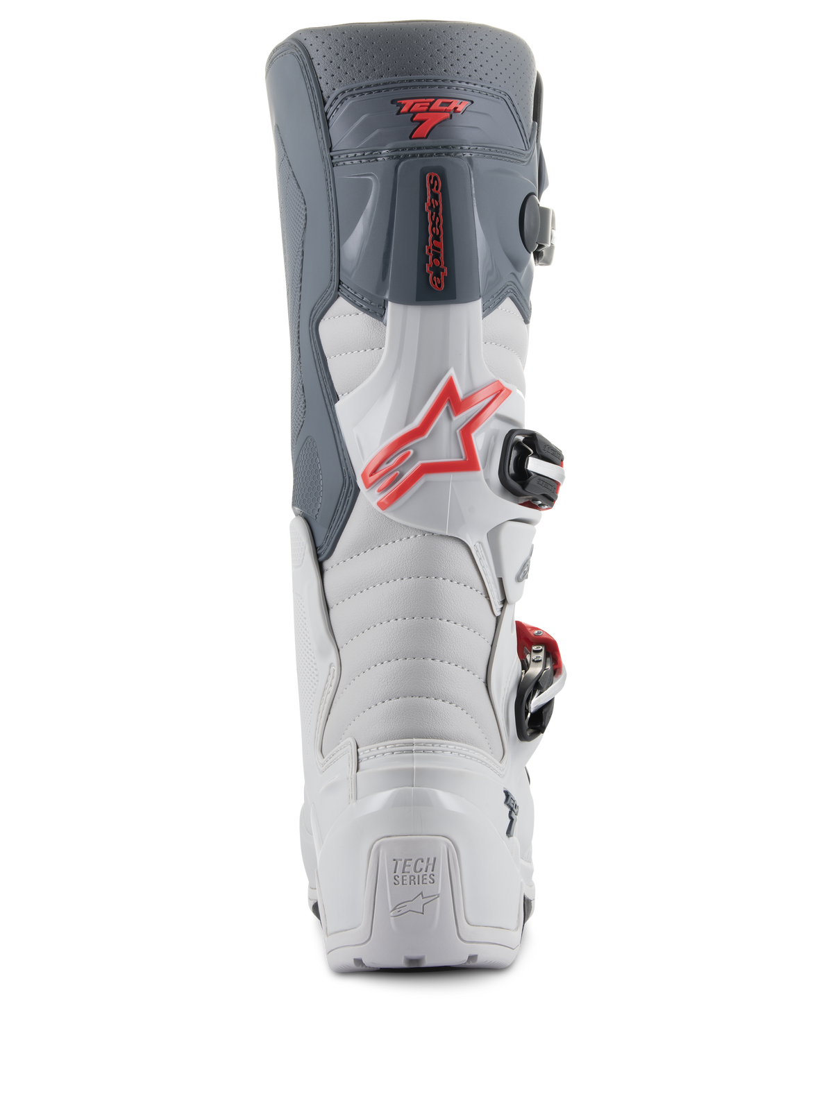 Alpinestars Tech 7 Enduro Boots, Rear view, Light Gray and Dark Gray with Bright Red accents, featuring a reinforced heel with 'TECH SERIES' branding, a red star logo, and a durable buckle closure system.