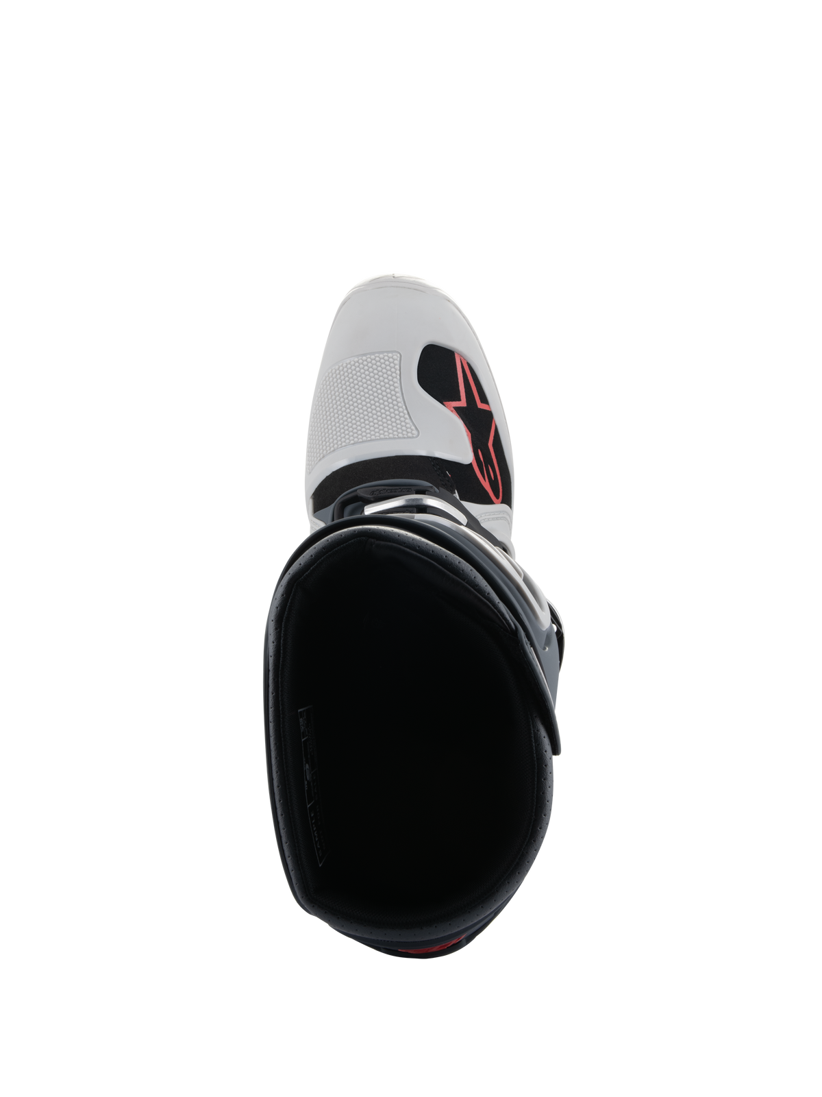 Alpinestars Tech 7 Enduro Boots, Light Gray Dark Gray Bright Red, Top-down view looking into the boot, showing the toe with red Alpinestars logo and textured shift pad, professional enduro and off-road footwear
