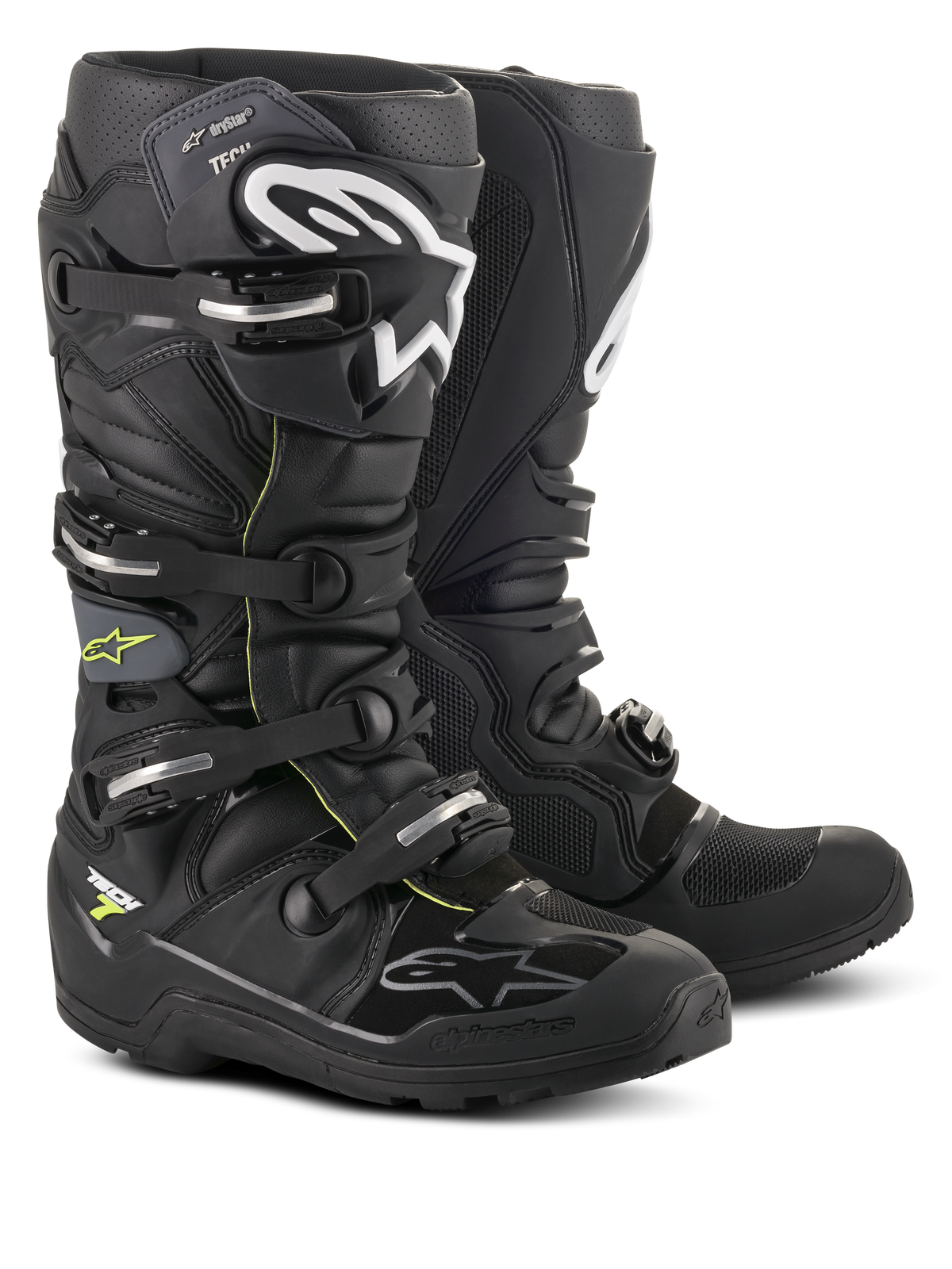 Alpinestars Tech 7 Enduro Drystar® Boots, professional motocross and enduro footwear, Black and Gray with white branding and silver buckles, rugged waterproof design with heavy-duty soles for off-road performance