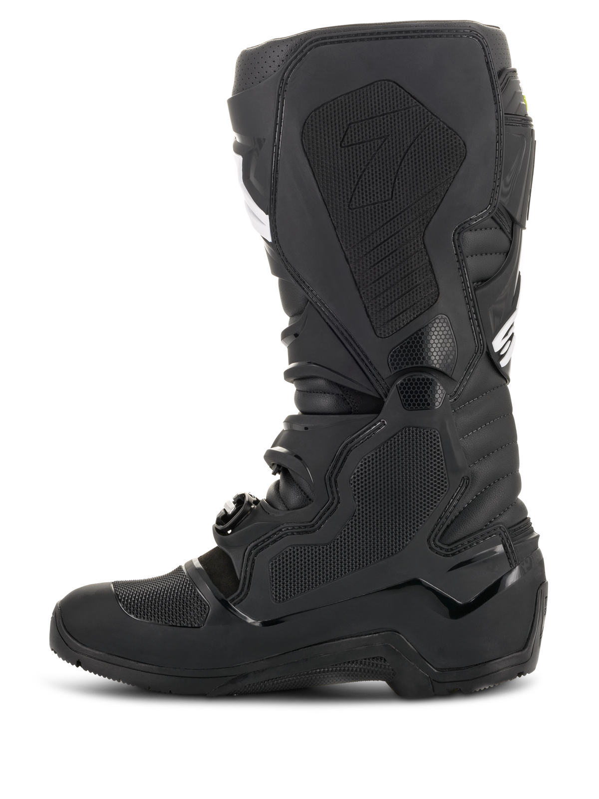 Alpinestars Tech 7 Enduro Drystar® Boots, Black, side profile view showing the medial side with textured honeycomb grip panels and the '7' logo, waterproof off-road motorcycle footwear for enduro racing.