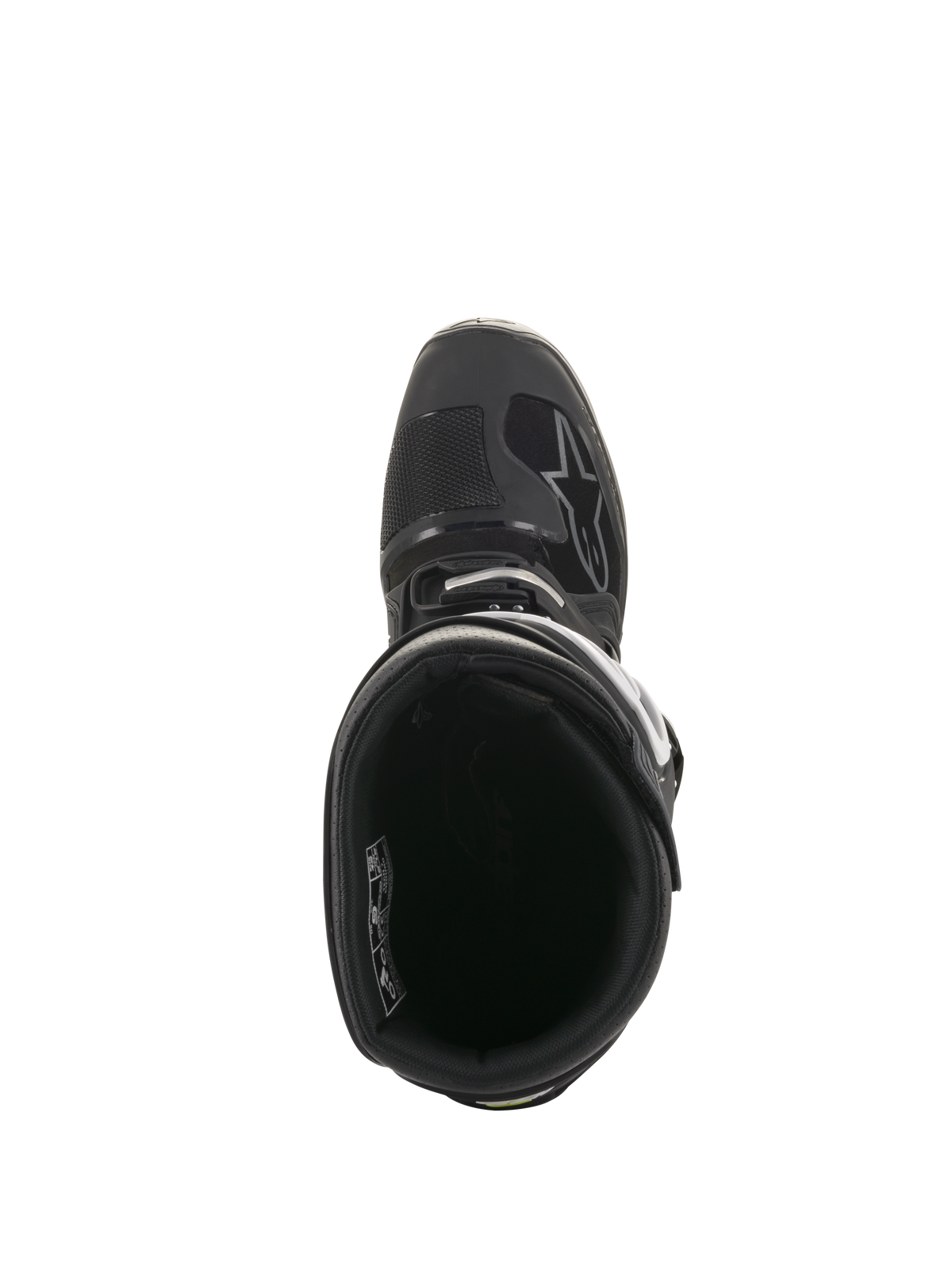 Alpinestars Tech 7 Enduro Drystar® Boots, top-down view looking into the interior lining and padded ankle collar, black and gray technical off-road footwear featuring secure buckle system