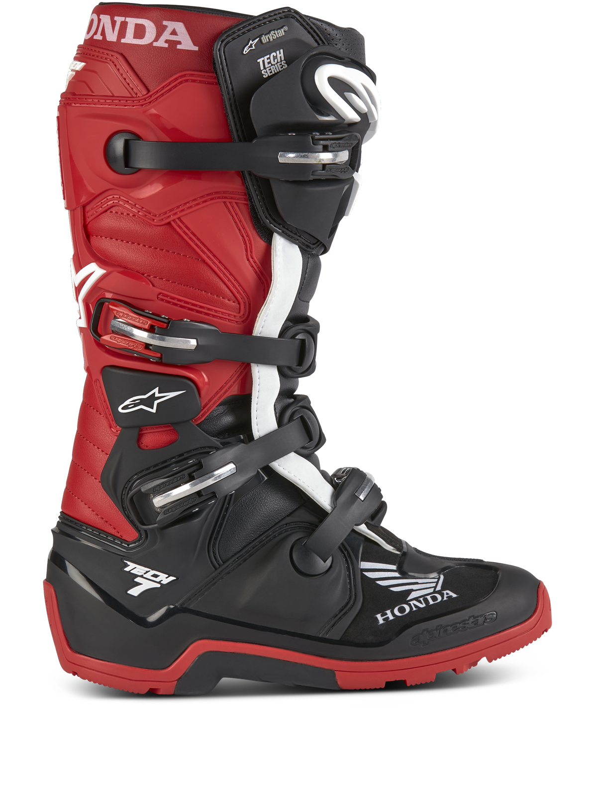 Honda Tech 7 Enduro Drystar® Boots, Motorcycle Enduro Boots, Black and Bright Red with White accents, featuring multiple adjustable buckles, rugged sole for off-road grip, waterproof Drystar® technology, and prominent Honda and Tech 7 branding