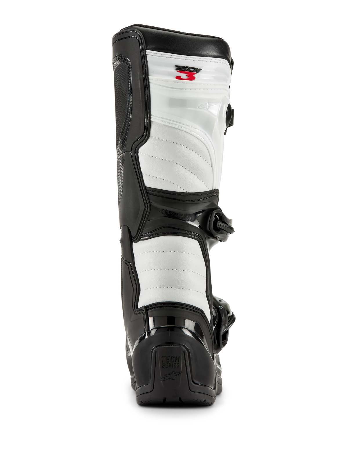 Alpinestars Tech 3 Boots in Black and White, rear view showing white padded panels, black TPU heel protector with Tech Series logo, and red Tech 3 branding at the top, professional motocross footwear.