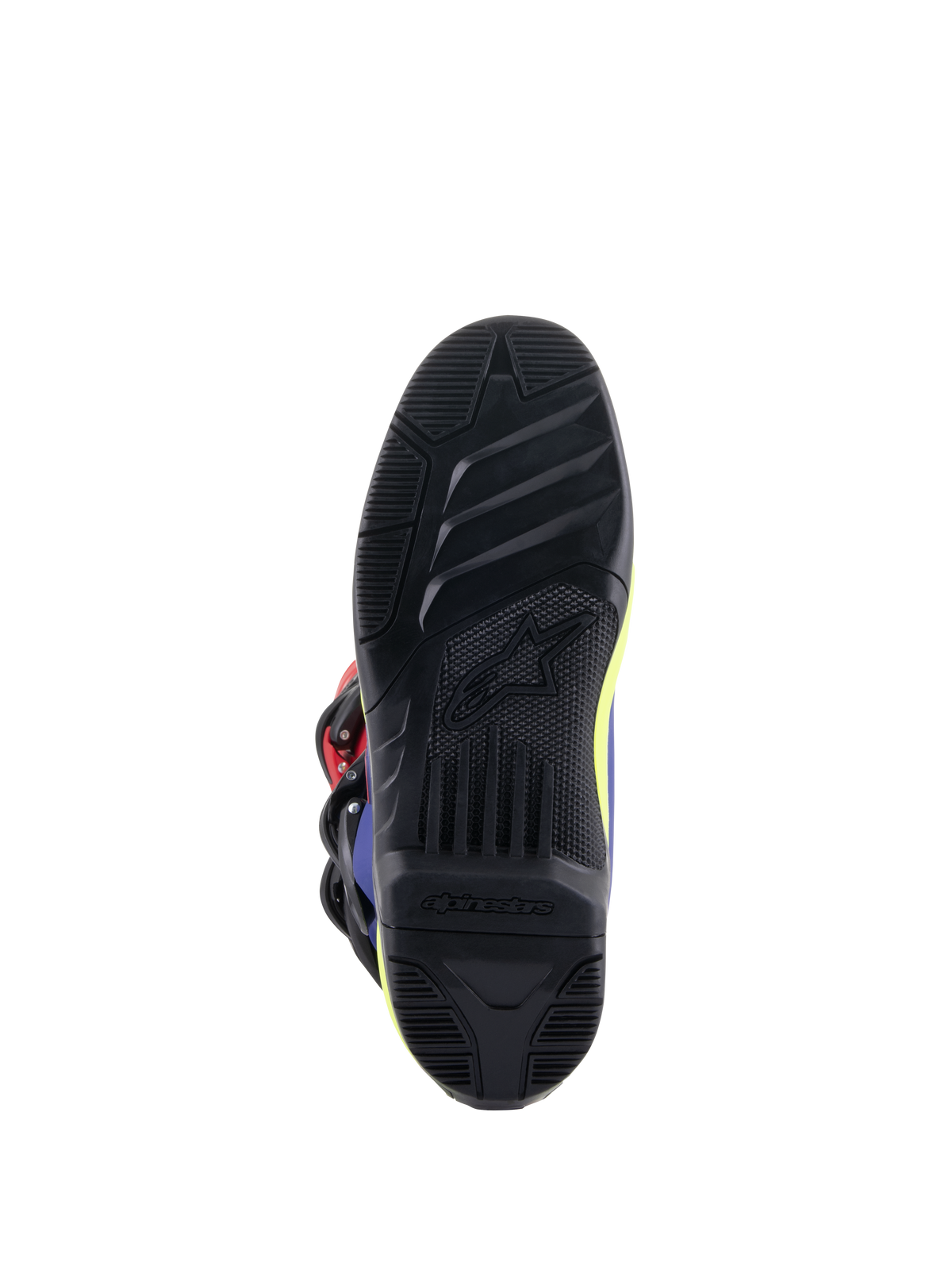 Alpinestars Tech 3 Boots, Motocross Boots, Bright Red, Dark Blue, and Yellow Fluo, detailed view of the black high-grip rubber outsole featuring textured tread patterns and embossed Alpinestars logo for enhanced footpeg control.