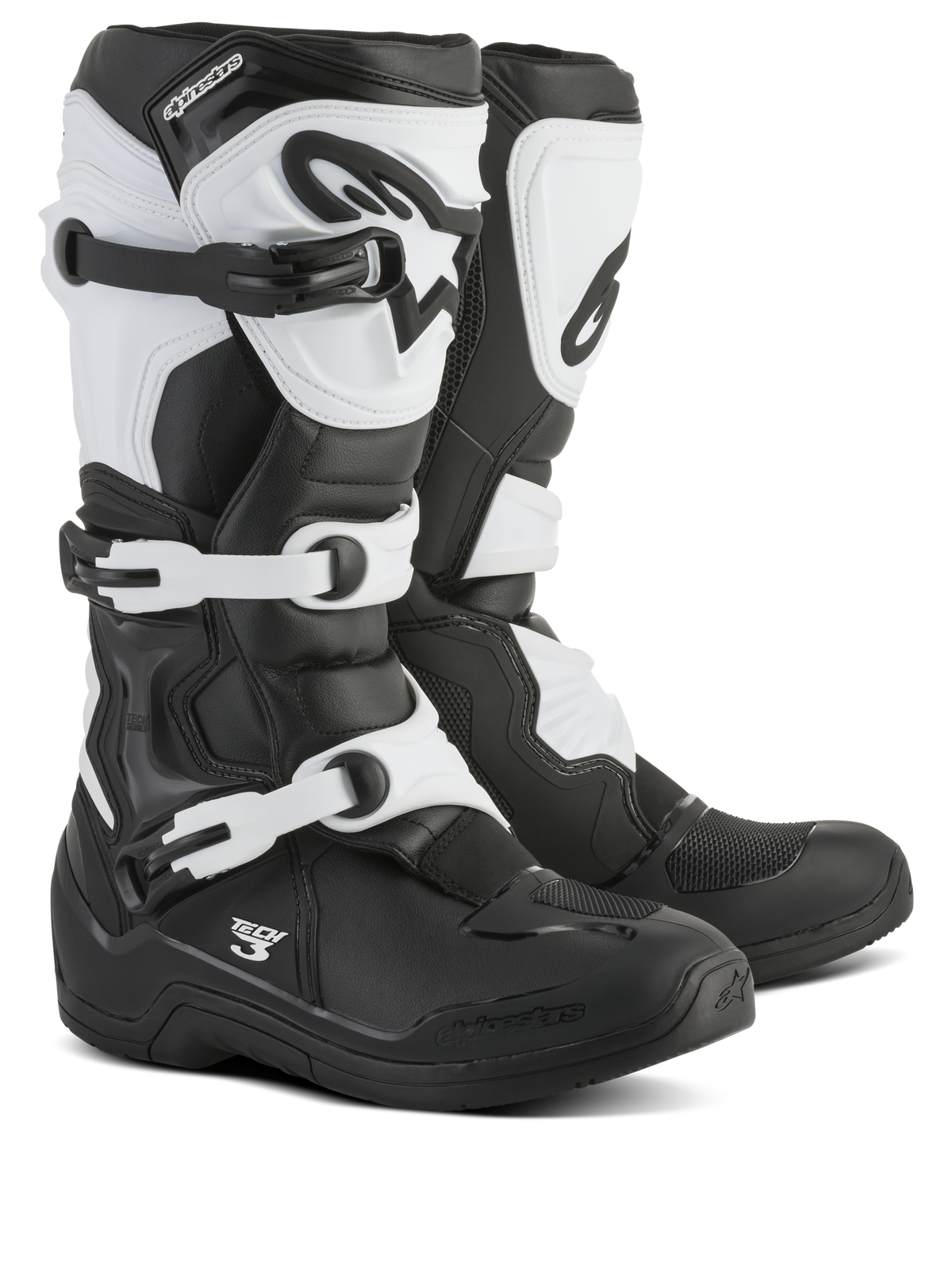 Alpinestars Tech 3 Boots, Motocross Boots, Black and White, featuring a triple buckle closure system, protective TPU shin plate and heel counter, durable microfiber and synthetic construction for off-road racing
