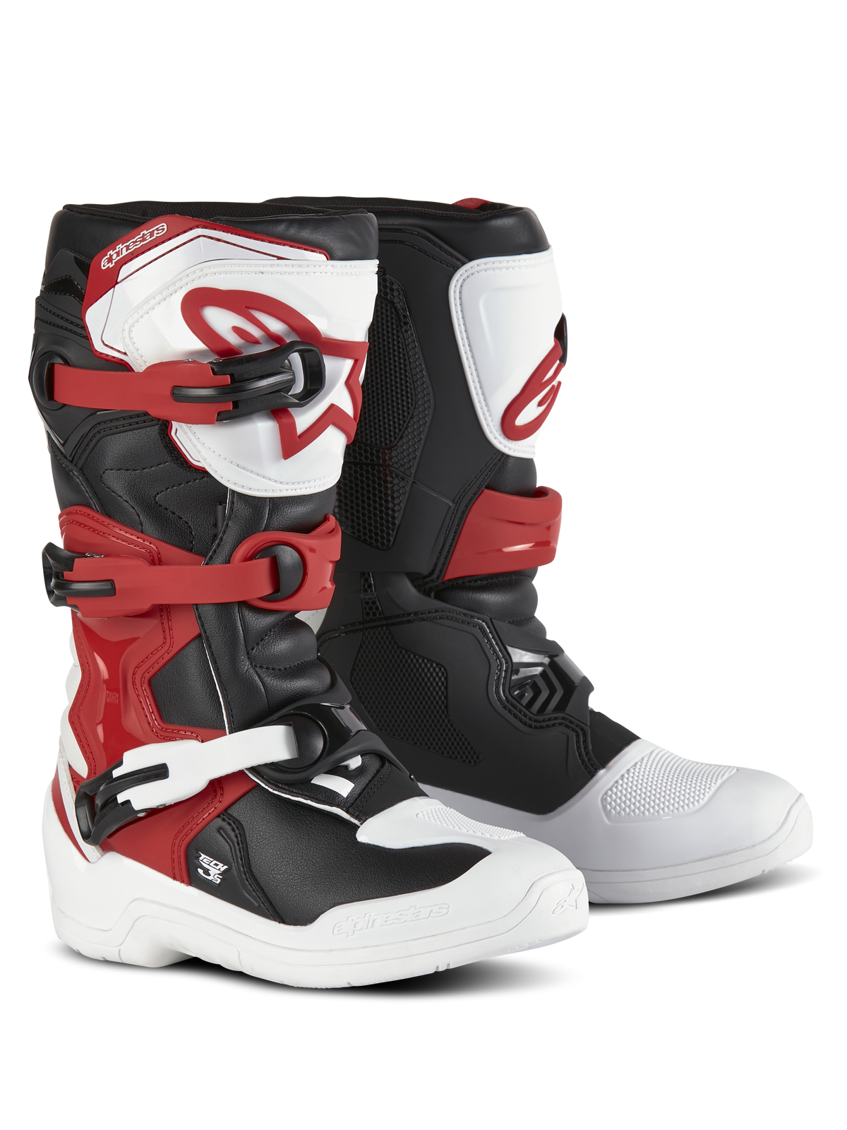 Alpinestars Youth Tech 3S Boots, buty motocrossowe, białe, czarne i jaskrawoczerwone, system zapięcia na trzy klamry, płyta na piszczel z TPU z logo Alpinestars, wytrzymała cholewka z mikrofibry i wzmocniona skorupa stopy do jazdy terenowej