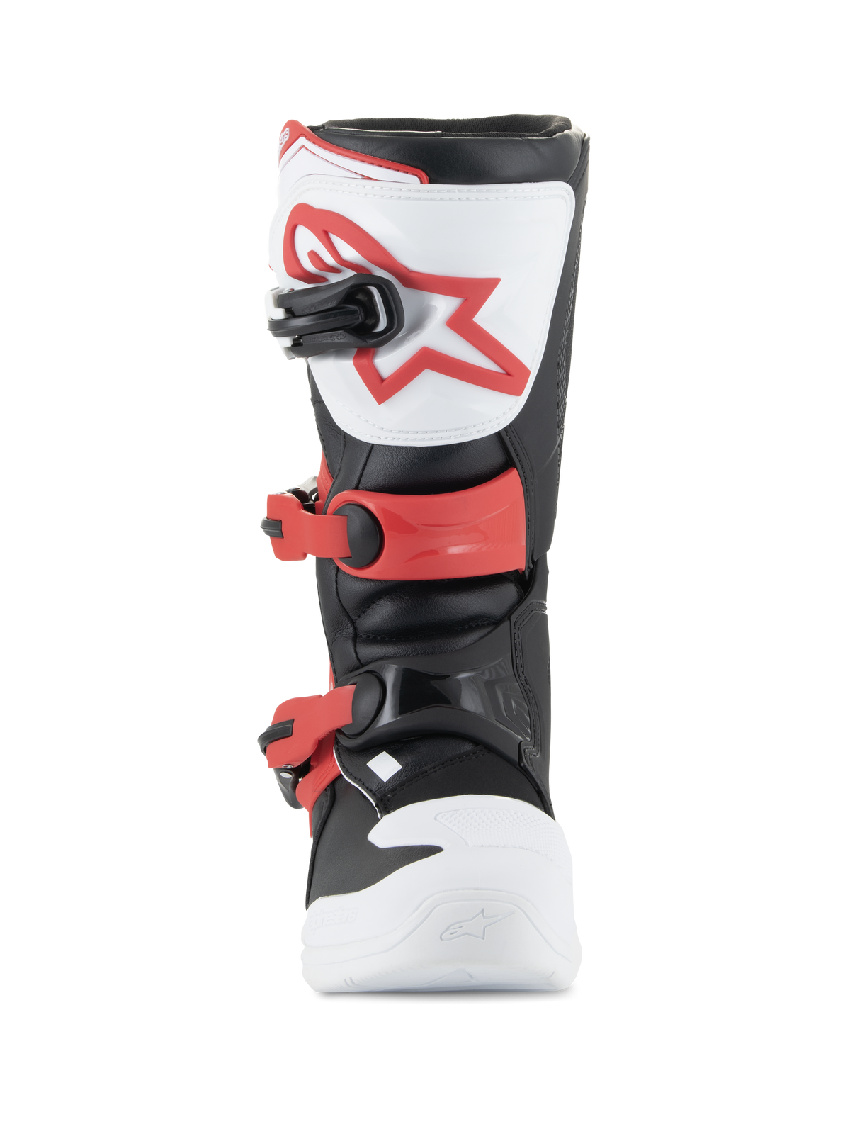 Alpinestars Youth Tech 3S Boots, buty motocrossowe, biało-czarno-jaskrawoczerwone, widok z przodu pokazujący płytę na piszczel z TPU z czerwonym logo, regulowane czerwone klamry i wytrzymałą konstrukcję z mikrofibry dla młodych jeźdźców