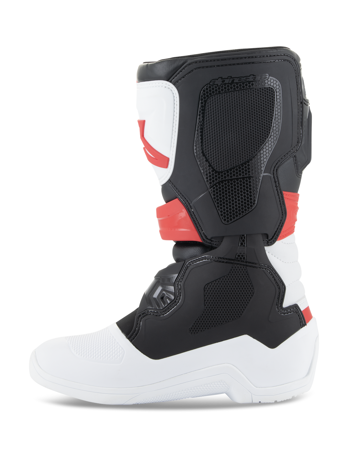Buty Alpinestars Youth Tech 3S, buty motocrossowe, białe, czarne i jaskrawoczerwone, widok z profilu, wyposażone w trwałe panele ochronne TPU i cholewkę z mikrofibry, biała podeszwa i czubek, czarna sekcja łydki i jaskrawoczerwone akcenty, ochronne obuwie terenowe dla młodych motocyklistów