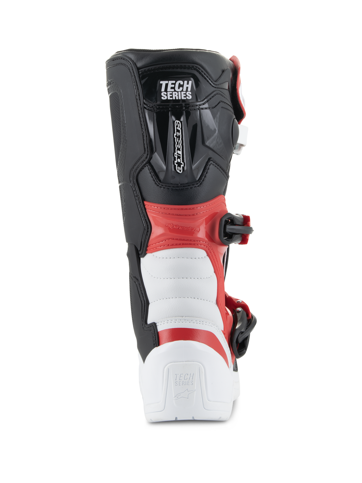 Młodzieżowe buty Alpinestars Tech 3S, buty motocrossowe, białe, czarne i jaskrawoczerwone, widok z tyłu z widocznym logo „TECH SERIES”, wzmocniona ochrona pięty i łydki, wytrzymała konstrukcja z mikrofibry do wyścigów off-road