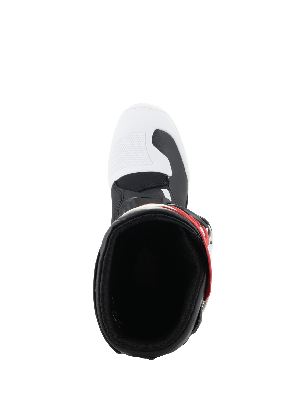 Alpinestars Youth Tech 3S Boots, buty motocrossowe, biało-czarno-czerwone, widok z góry na otwór buta, biały przód z czarnymi akcentami i czerwonym detalem paska, zaprojektowane dla młodych jeźdźców.