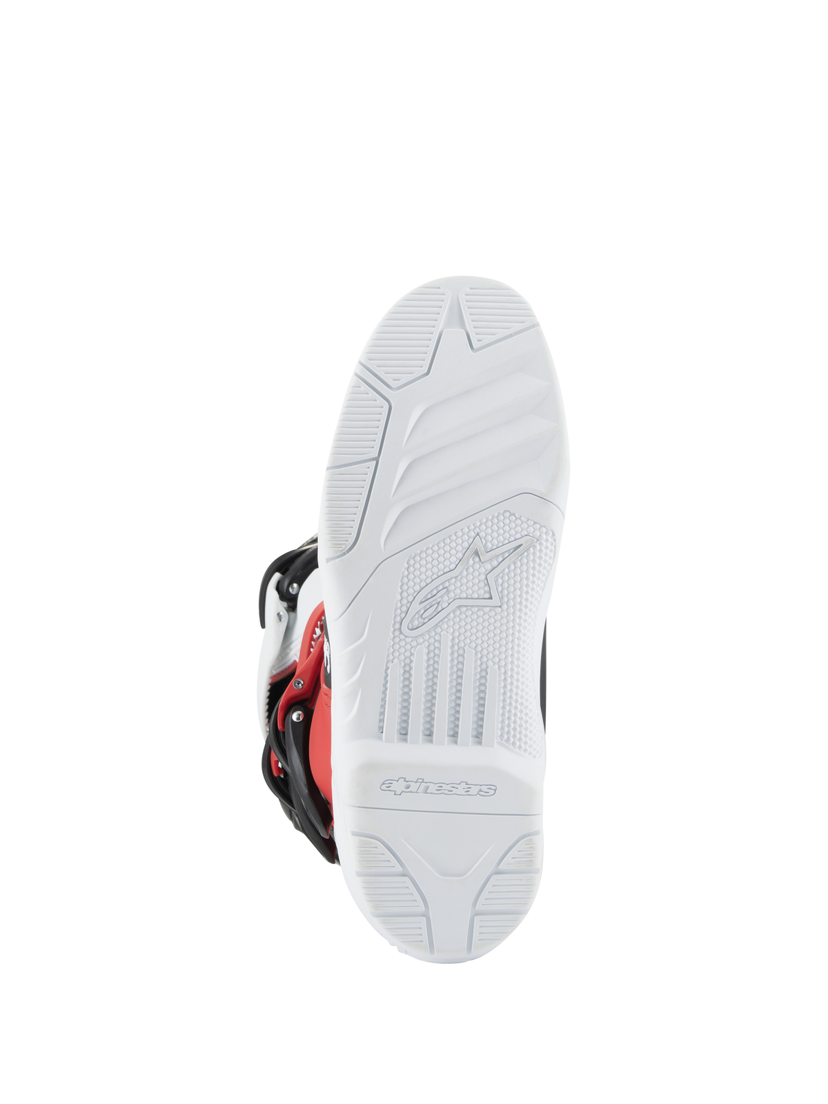 Buty młodzieżowe Alpinestars Tech 3S, buty motocrossowe, biało-czarno-jaskrawoczerwone, widok podeszwy z białym teksturowanym bieżnikiem i wytłoczonym logo Alpinestars, wytrzymała podeszwa do jazdy off-road