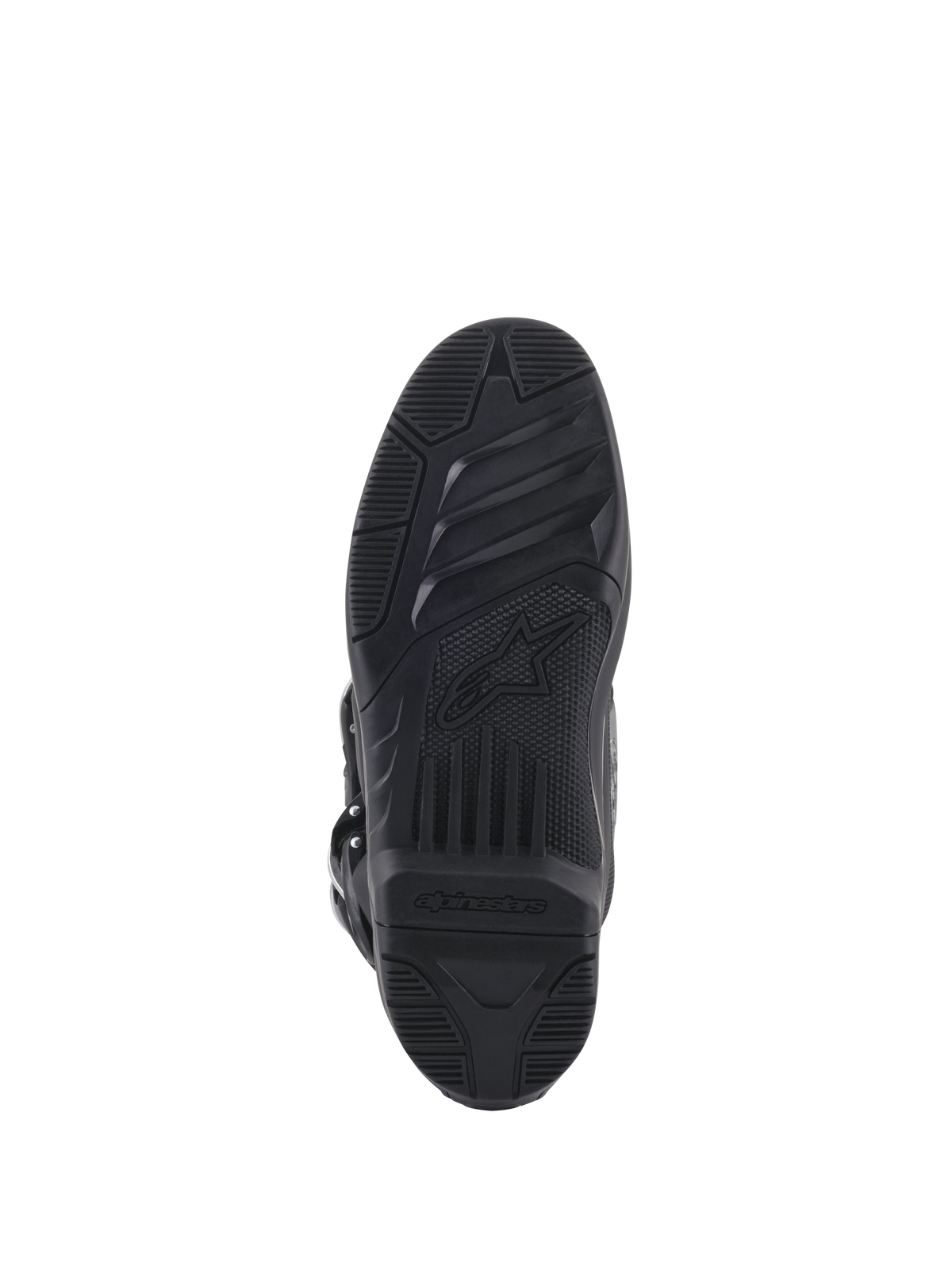 Alpinestars Tech 5 Boots, Motocross Outsole, Black, Dual-Compound Replaceable Sole with High-Grip Texture and Brand Logo.