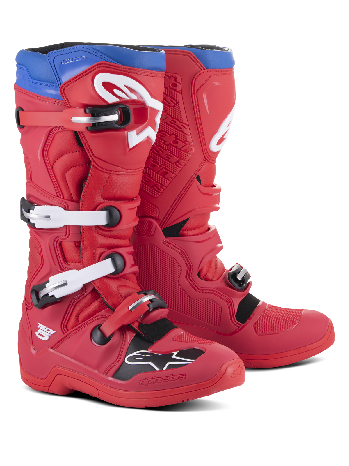 Alpinestars Tech 5 Boots, Motocross Boots, Bright Red and Alpine Blue, featuring four white adjustable buckles, white Alpinestars logo on the shin and toe, blue top collar, and black protective panels, designed for off-road performance and durability
