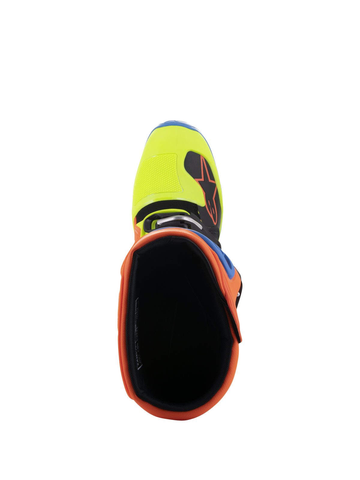 Buty Alpinestars Tech 5, widok z góry do wnętrza buta, z jaskrawym kołnierzem Orange Fluo i noskiem Yellow Fluo, czarna wyściółka, wytrzymałe obuwie do motocrossu i jazdy terenowej