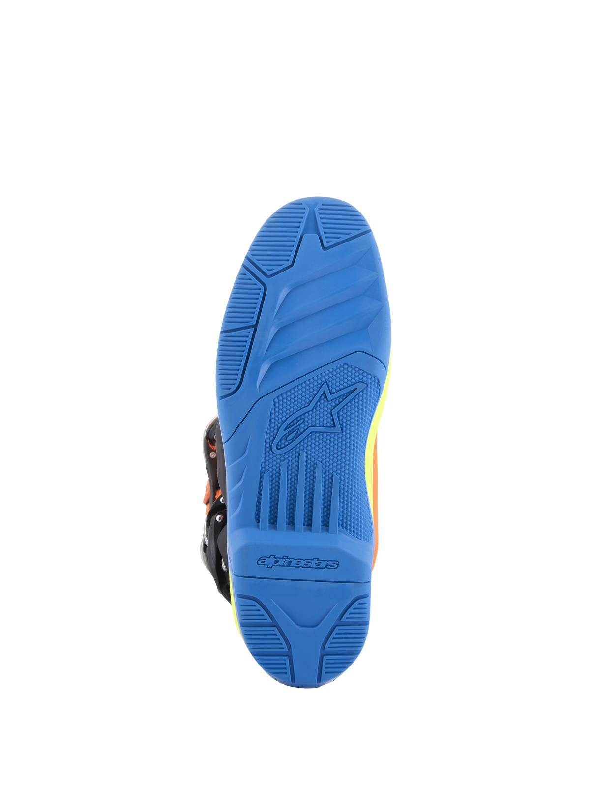 Alpinestars Tech 5 Boots, buty motocrossowe, pomarańczowy fluo, niebieski i żółty fluo, szczegółowy widok od spodu niebieskiej, dwuskładnikowej podeszwy z teksturowanym bieżnikiem i logo Alpinestars