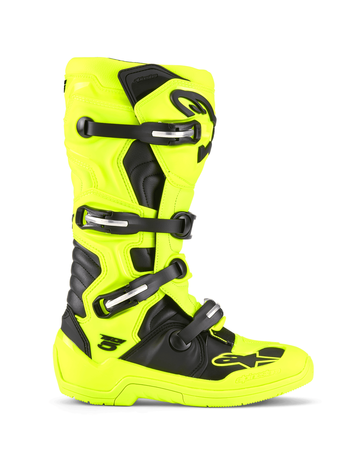 Buty Alpinestars Tech 5, buty motocrossowe i off-road, żółte fluo i czarne, system zapinania na cztery klamry, ochronna skorupa TPU, biomechaniczna konstrukcja przegubu, wytrzymała podeszwa wyścigowa