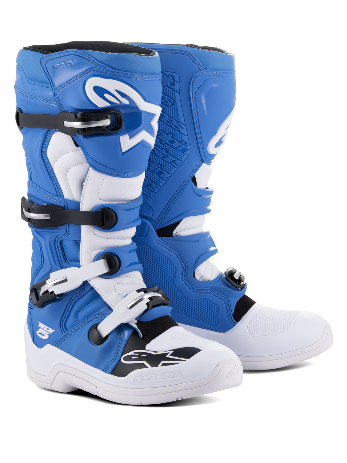 Alpinestars Tech 5 Boots, Motocross and Off-Road Boots, Blue and White, multi-material construction with four black and white buckles, white shin plate with large Astars logo, and durable white sole.