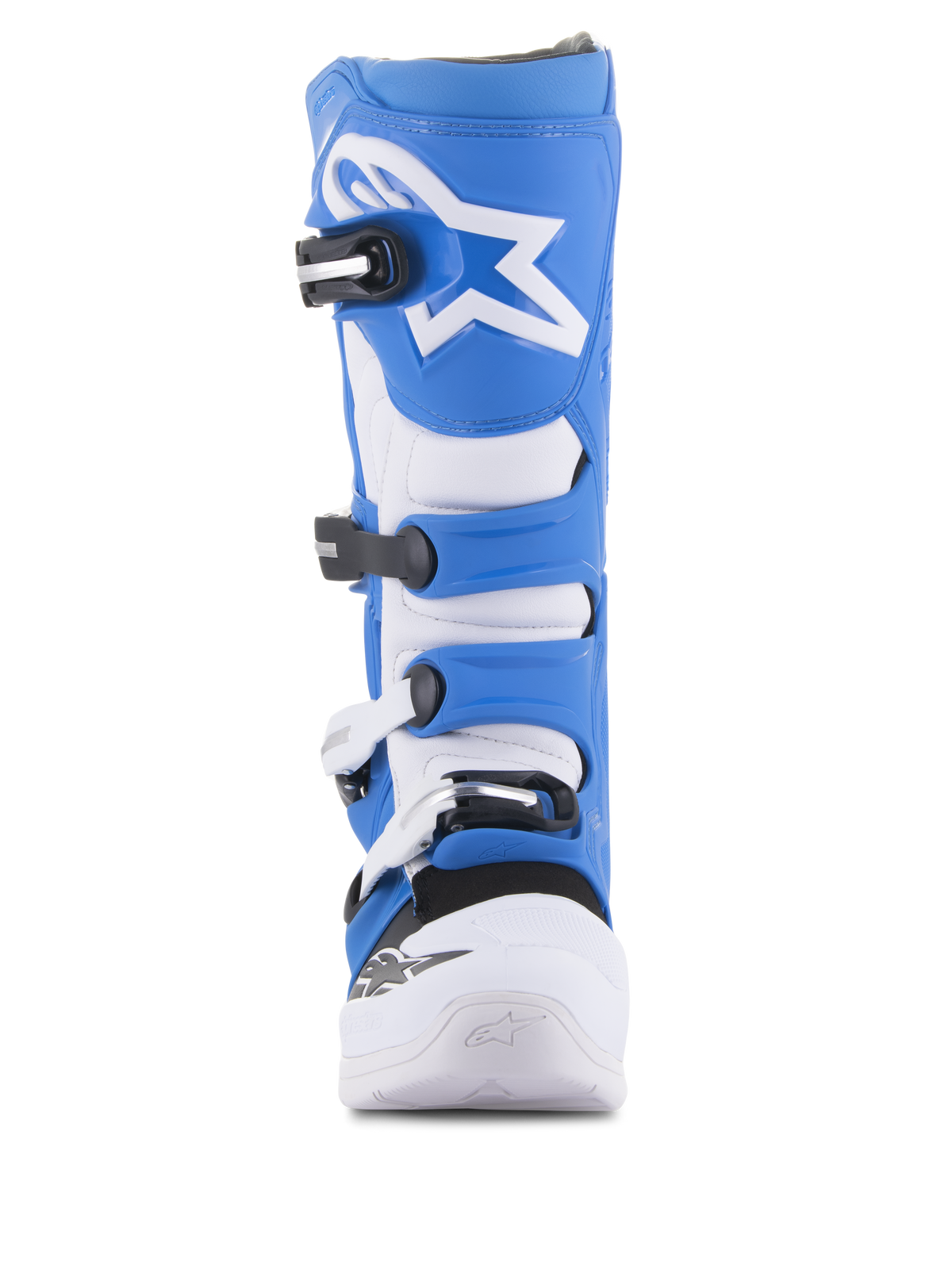 Alpinestars Tech 5 Boots, Motocross Boots, Blue and White, front-facing view, featuring a four-buckle closure system, white Alpinestars star logo on the blue shin plate, and durable microfiber chassis with reinforced white toe.