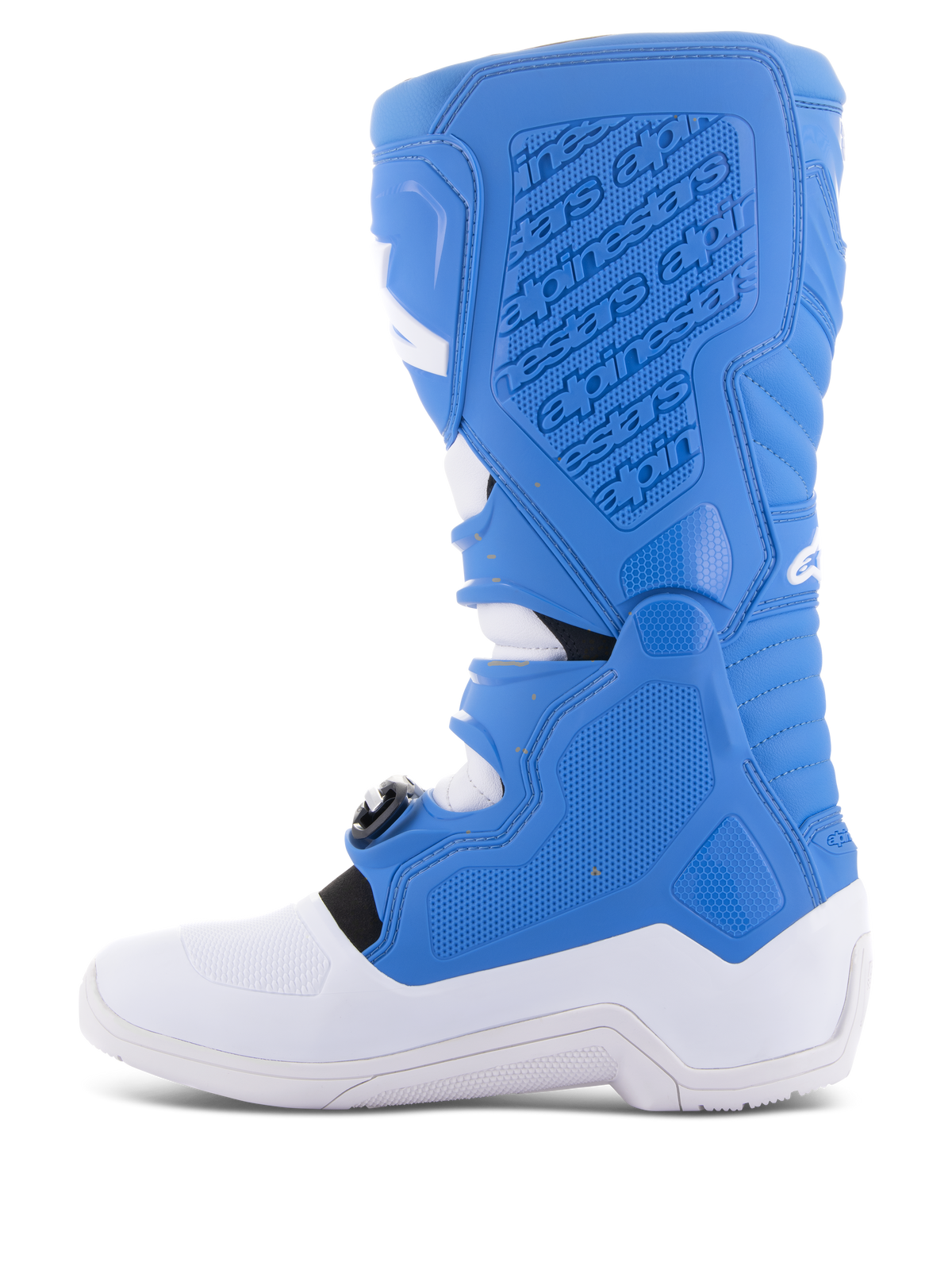 Alpinestars Tech 5 Boots, Motocross Boots, Blue and White, side profile showing medial panel with embossed branding, textured grip surfaces, and durable white sole for off-road protection.