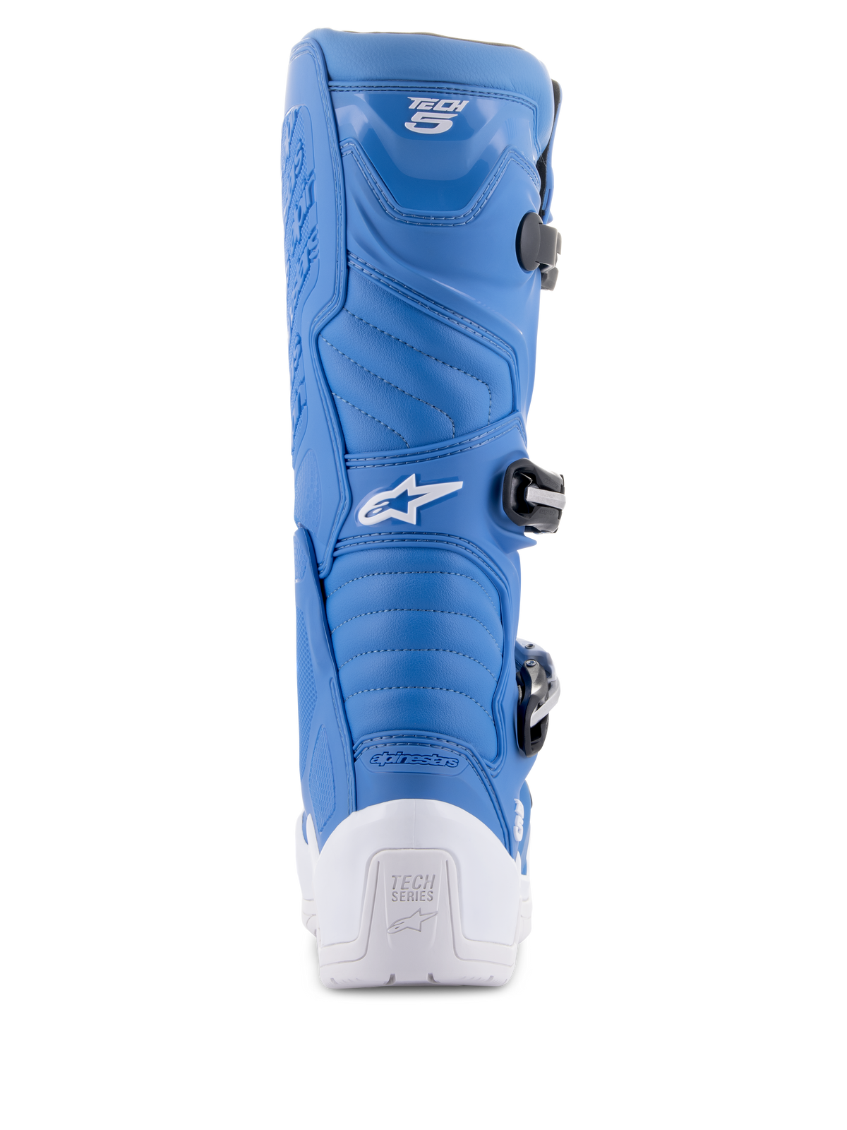 Alpinestars Tech 5 Boots, Blue and White, rear view showing the white protective heel with Tech Series logo, blue microfiber upper with accordion flex zones, and black buckle system, performance motocross footwear