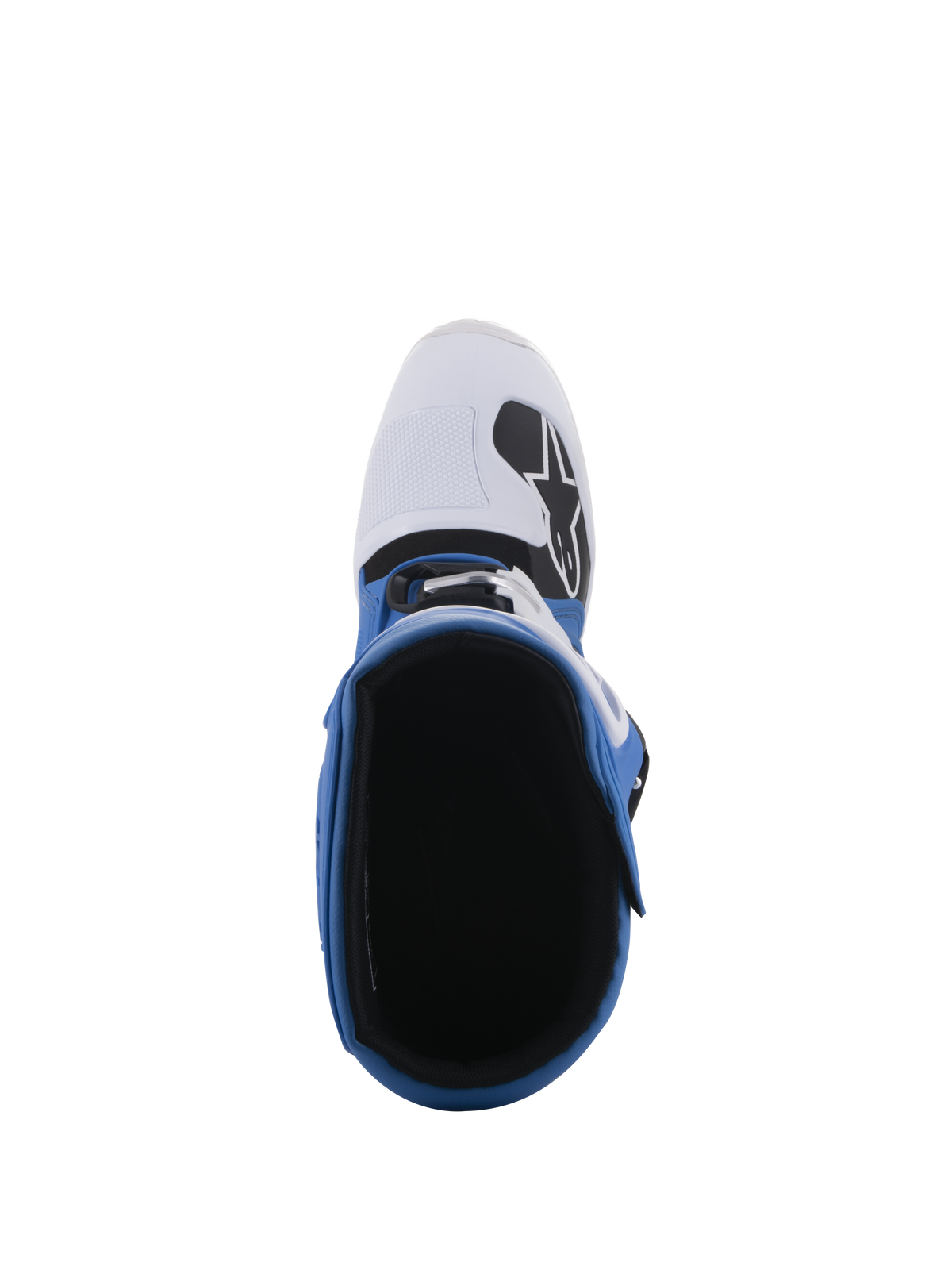Alpinestars Tech 5 Boots, Blue and White, top-down perspective showing the interior lining and white toe box with black logo, multi-panel construction for off-road and motocross racing