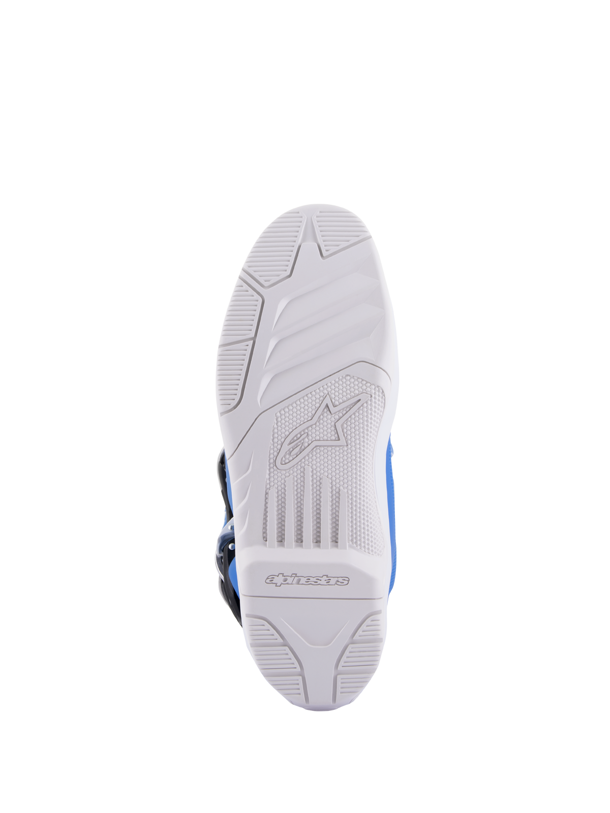 Alpinestars Tech 5 Boots, Motocross Boots, Blue and White, sole view featuring white rubber outsole with embossed Alpinestars logo and textured grip pattern, durable construction for off-road riding