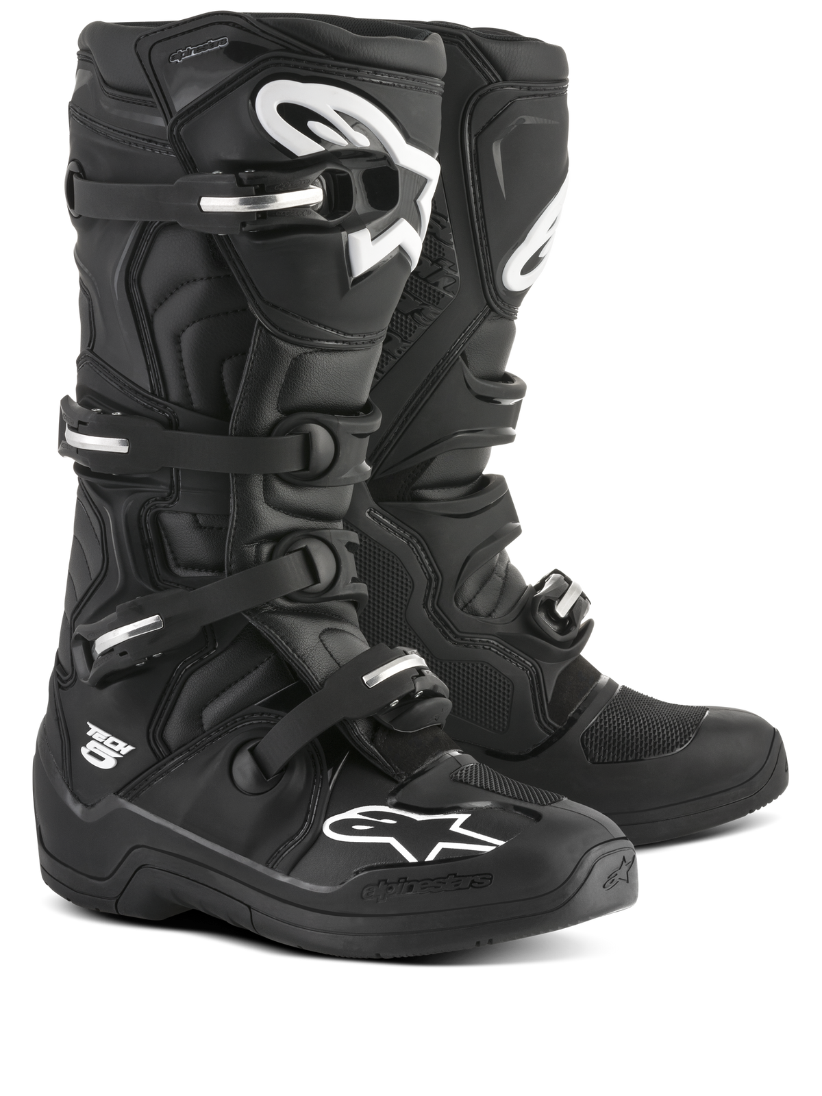 Alpinestars Tech 5 Motocross Boots, Black and White, CE certified with biomechanical pivot and aluminum buckle system.