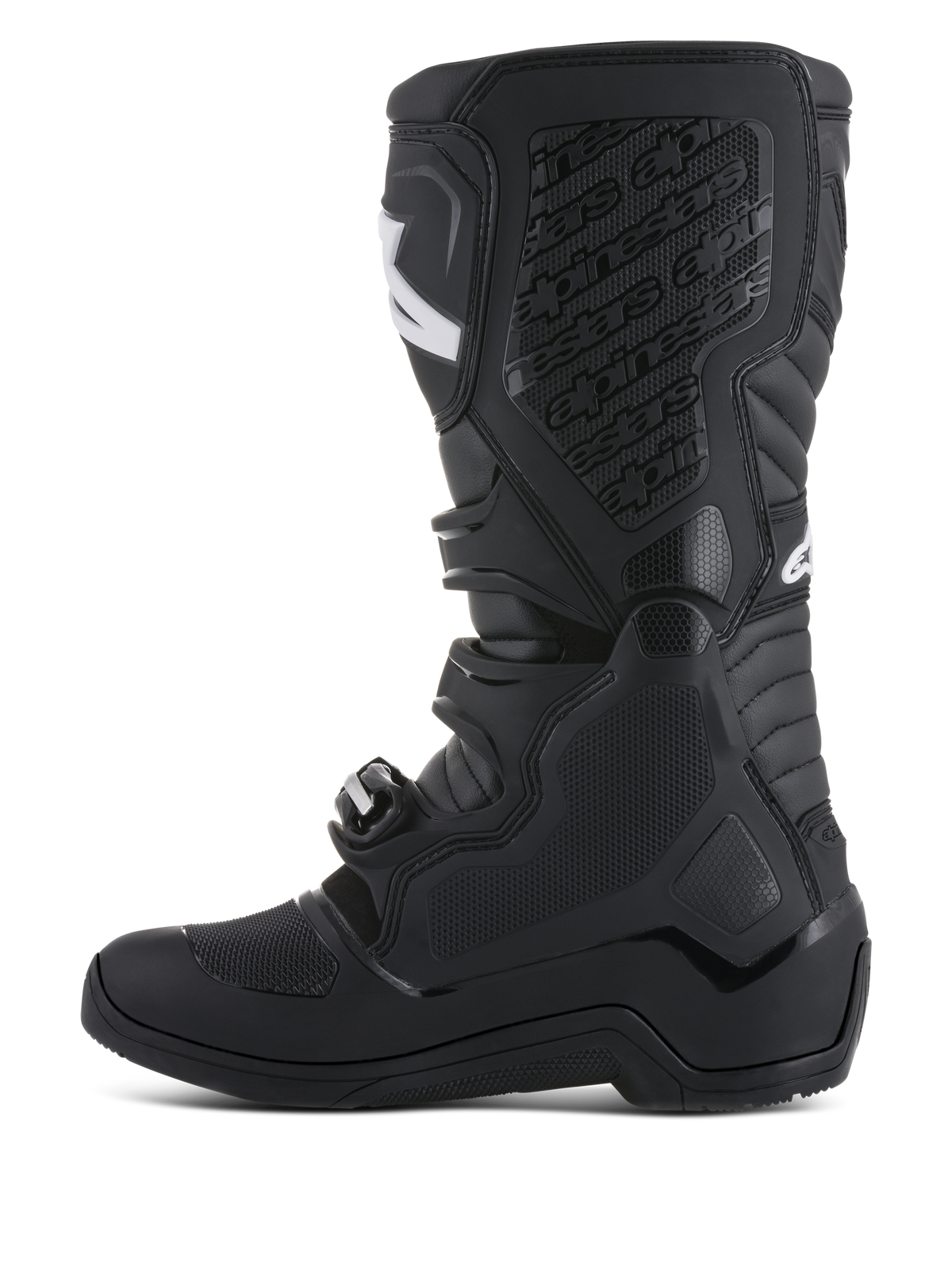 Alpinestars Tech 5 Boots, black motocross racing boots featuring a TPU shin plate and biomechanical pivot system.