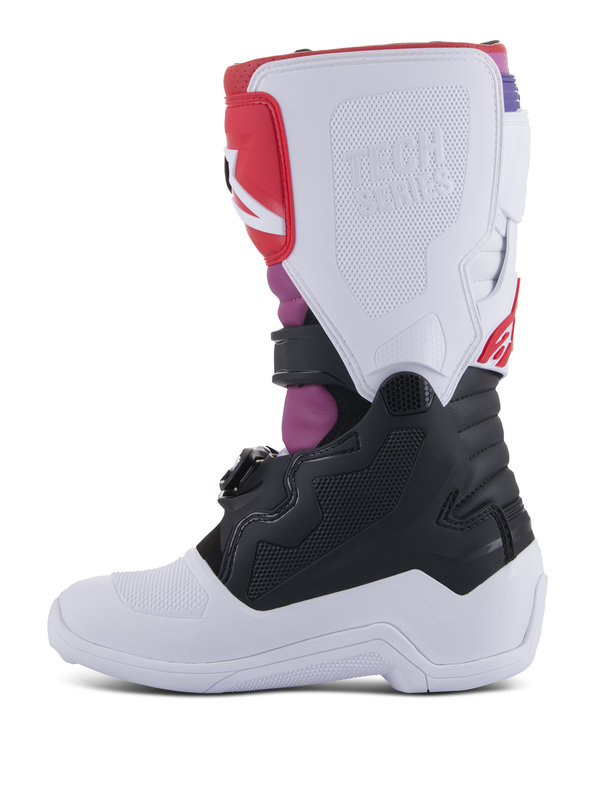 Alpinestars Youth Tech 7S Boots, Motocross Boots, White Black Rainbow, medial side view featuring white shin plate with embossed Tech Series logo, black lower section, and vibrant pink and red accents, durable protective gear for youth off-road riding