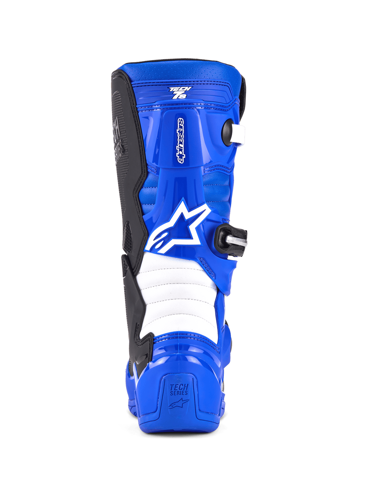 Buty Alpinestars Youth Tech 7 S, buty motocrossowe, niebieskie, czarne i białe, widok z tyłu z białym logo Alpinestars, niebieska powłoka TPU z białymi elastycznymi strefami akordeonowymi, obuwie ochronne do młodzieżowej jazdy terenowej.