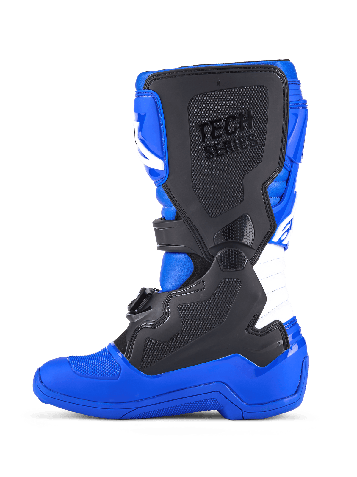 Alpinestars Youth Tech 7 S Boots, buty motocrossowe, niebiesko-czarno-białe, widok z boku prezentujący czarne ochronne panele TPU, oznaczenie „TECH SERIES” na ochraniaczu goleni, biała akordeonowa strefa elastyczna oraz wytrzymała niebieska podeszwa do wyścigów terenowych.