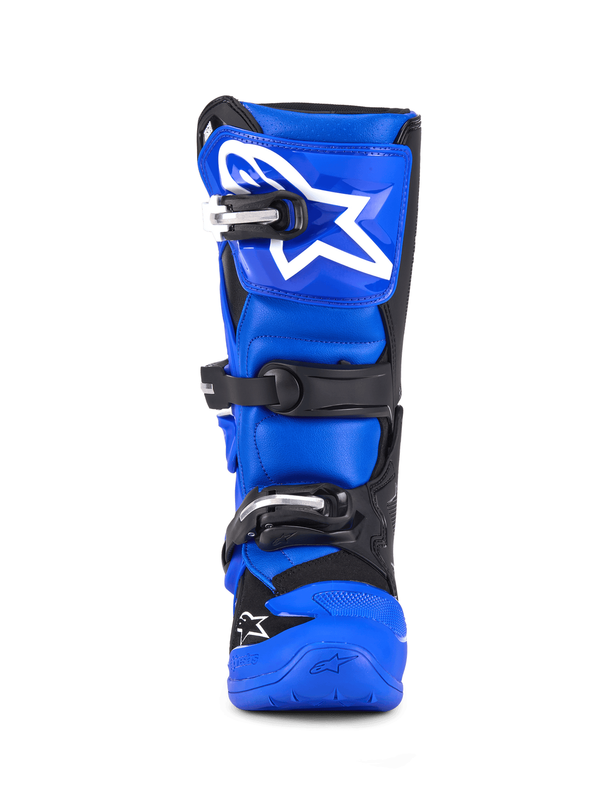 Buty Alpinestars Youth Tech 7 S, buty motocrossowe, niebiesko-czarno-białe, widok z przodu z potrójnym zapięciem na klamry, duże białe logo Alpinestars na ochraniaczu goleni, wytrzymała niebieska podeszwa, wysokiej klasy sprzęt ochronny dla młodych zawodników