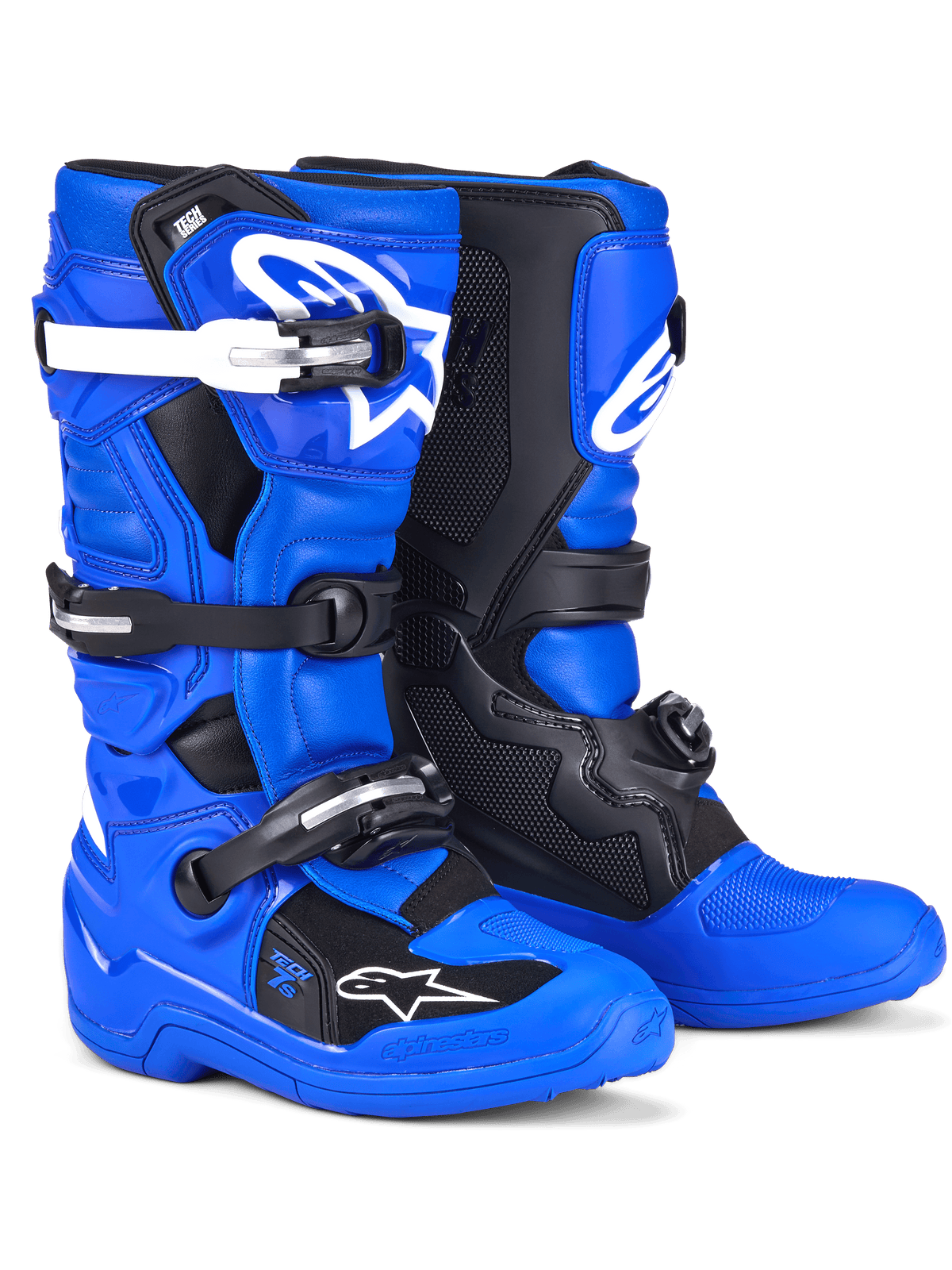 Buty Alpinestars Youth Tech 7 S, buty motocrossowe, niebiesko-czarno-białe, jaskrawoniebieska cholewka z czarnymi panelami ochronnymi i białymi akcentami klamer, system zapięć z wieloma paskami, wytrzymała konstrukcja wyścigowa do jazdy terenowej
