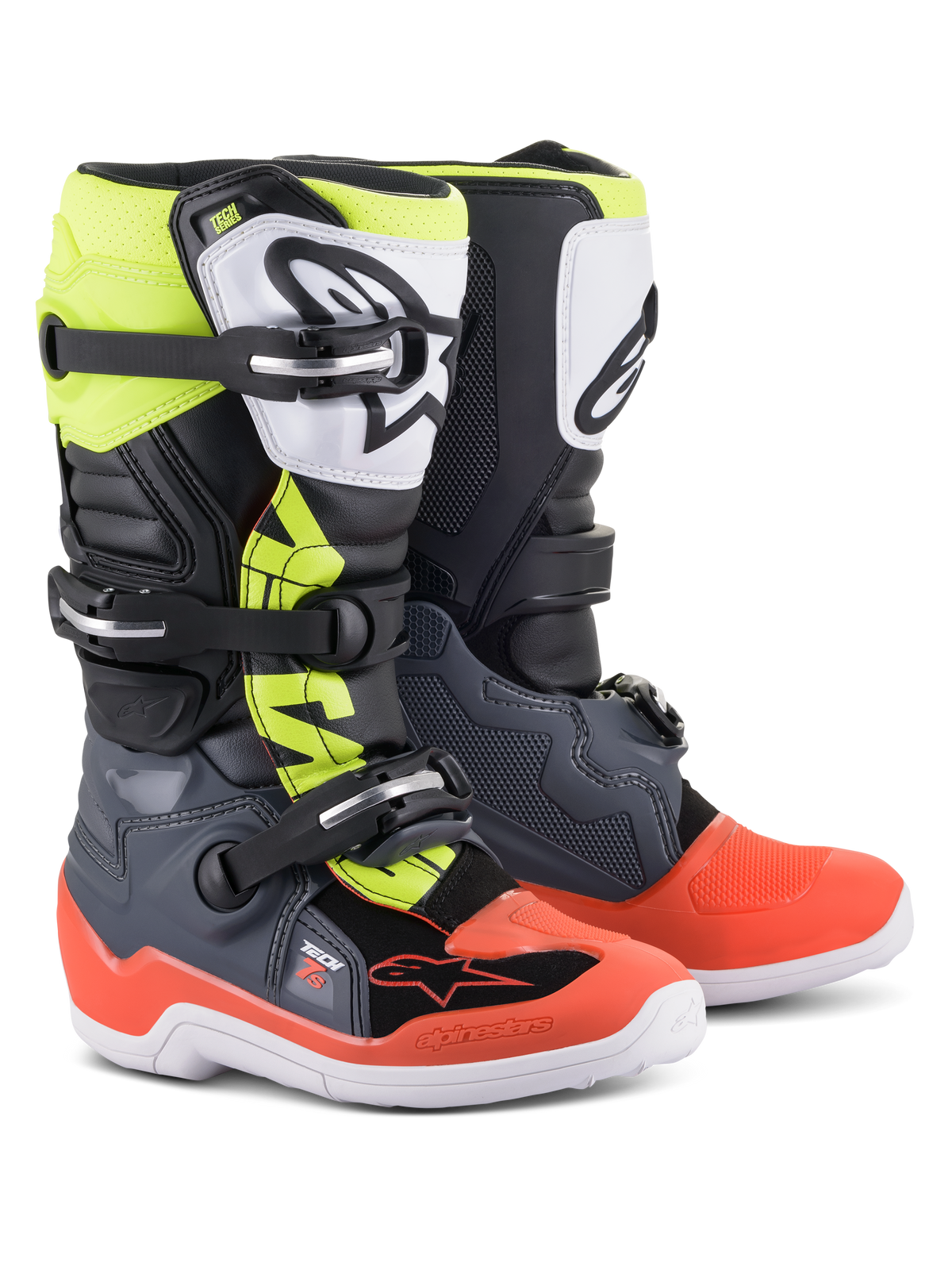 Alpinestars Youth Tech 7S Boots, buty motocrossowe, ciemnoszare z czerwonymi i żółtymi fluorescencyjnymi akcentami, biały ochraniacz goleni z TPU z czarnym logo, system zapięcia na trzy klamry, wytrzymała biała podeszwa, zaprojektowane dla młodych motocyklistów off-road