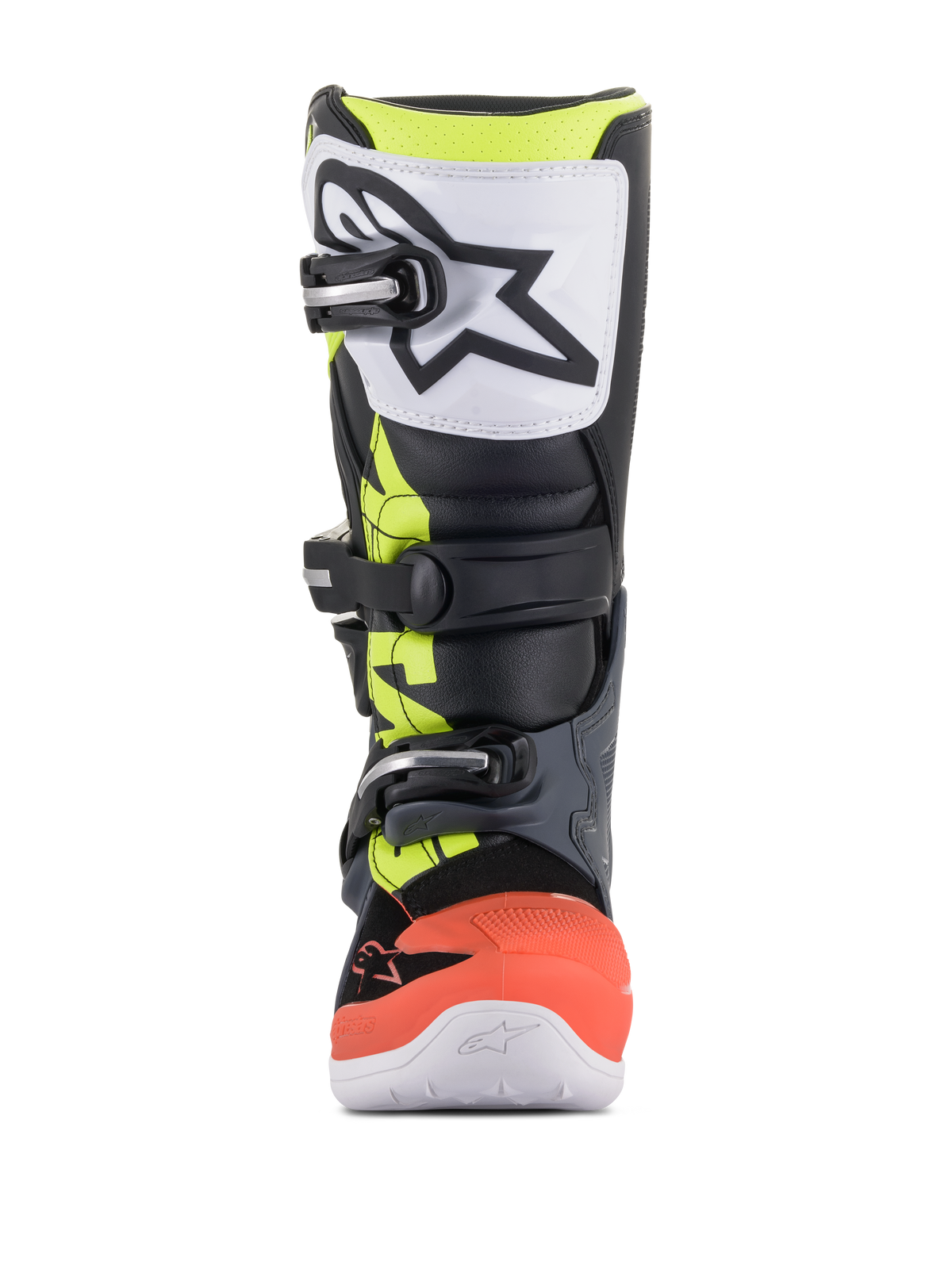 Młodzieżowe buty Alpinestars Tech 7S, buty motocrossowe, ciemnoszare, neonowe czerwone i żółte z białymi akcentami, widok z przodu z białą płytą na piszczel z TPU i czarnym logo, system zapięcia na trzy klamry, wytrzymała syntetyczna konstrukcja dla młodych motocyklistów terenowych