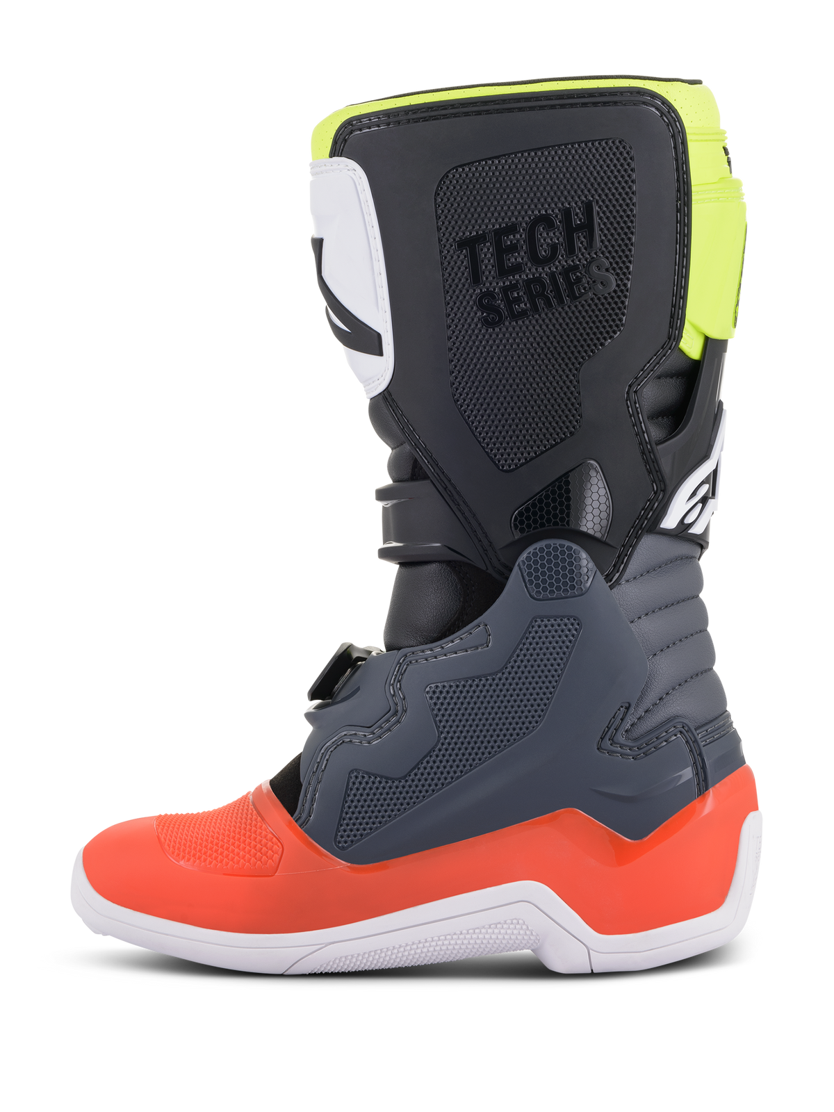 Buty Alpinestars Youth Tech 7S, buty motocrossowe, ciemnoszare z czerwonymi i fluoresencyjnymi żółtymi akcentami, profil boczny, biała podeszwa, oznaczenie „TECH SERIES”, wytrzymałe panele ochronne TPU