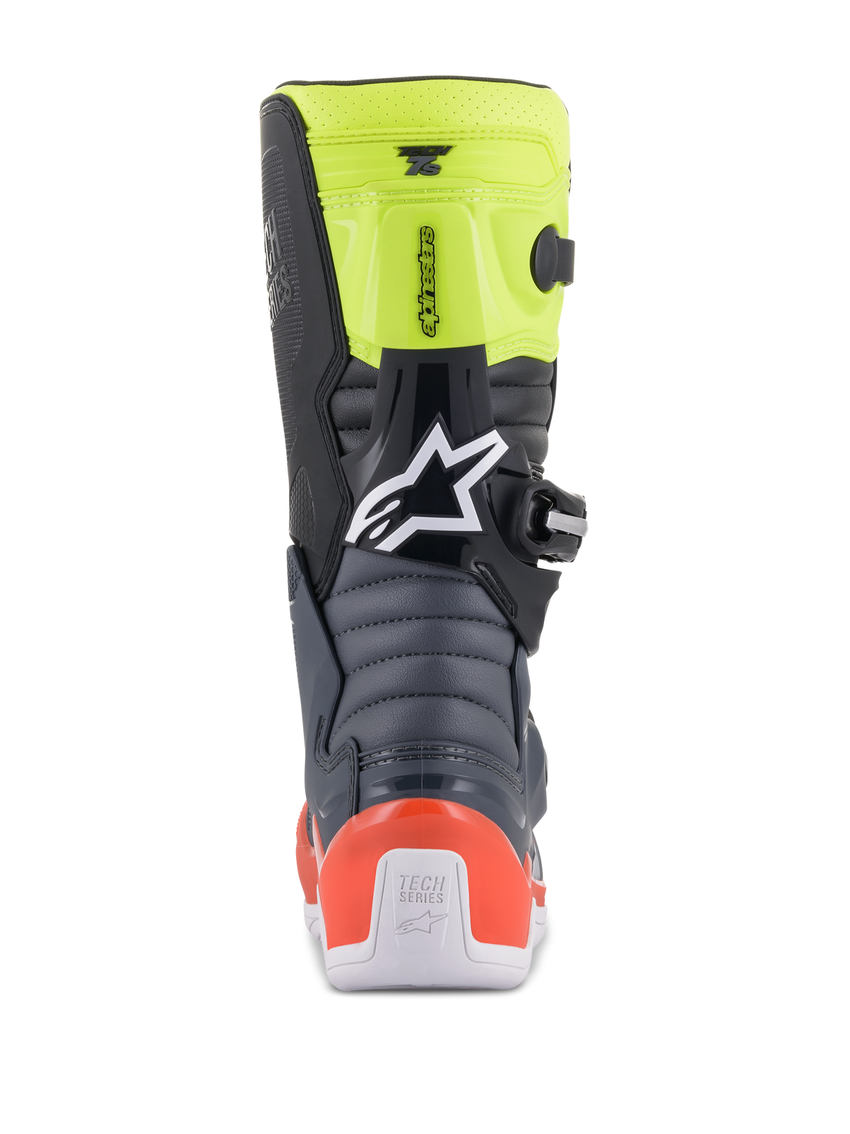 Buty Alpinestars Youth Tech 7S, młodzieżowe buty motocrossowe, ciemnoszare, czerwone fluorescencyjne i żółte fluorescencyjne, widok z tyłu przedstawiający harmonijkowe strefy elastyczne, czerwony ochraniacz pięty oraz białe logo Alpinestars