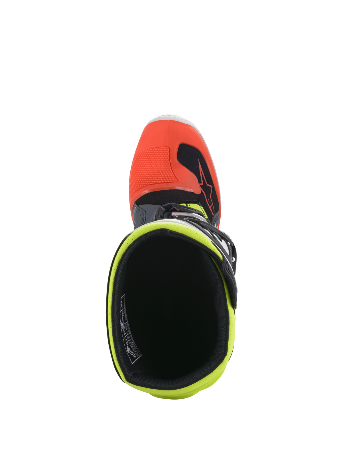 Buty Alpinestars Youth Tech 7S, buty motocrossowe, ciemnoszare z czerwonymi i fluorescencyjnymi żółtymi akcentami, widok z góry pokazujący wnętrze buta z fluorescencyjną żółtą wyściółką i czerwonym czubkiem, zaprojektowane do młodzieżowych wyścigów terenowych.